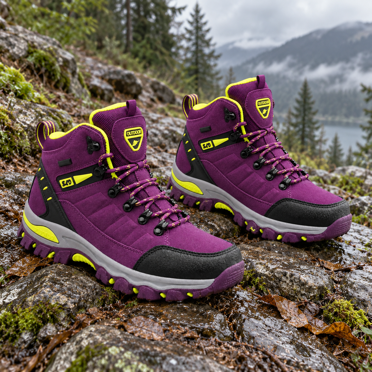 Paire complète de chaussures randonnée violettes et jaunes posée sur des rochers humides