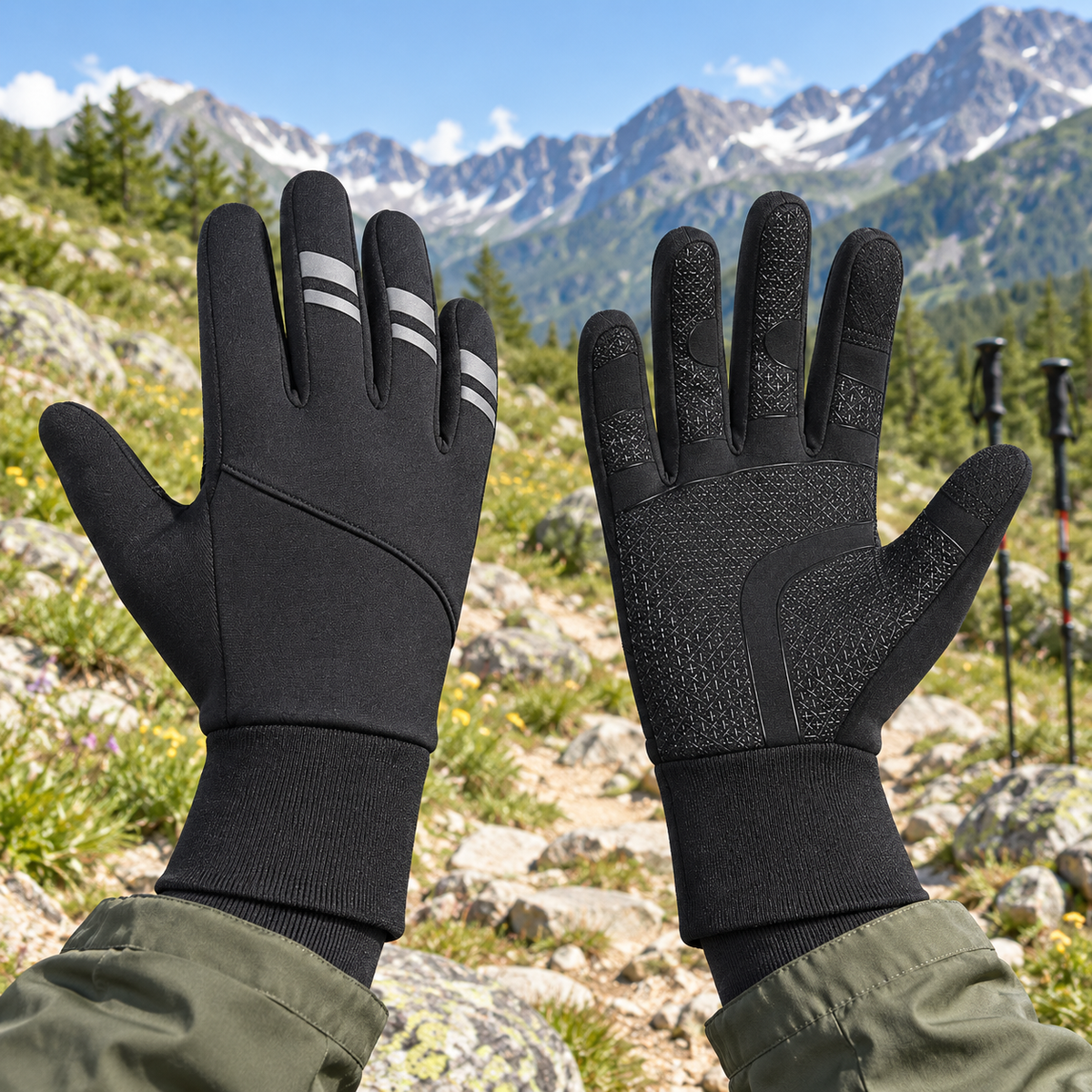 Gants pour bâton de randonnée noirs portés sur sentier alpin estival – dos et paume entiers