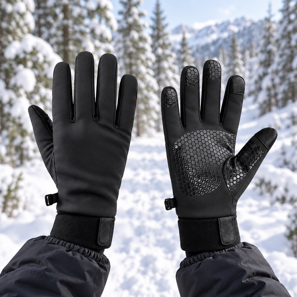 Gants chauds et imperméables femme noirs portés sur un sentier forestier enneigé