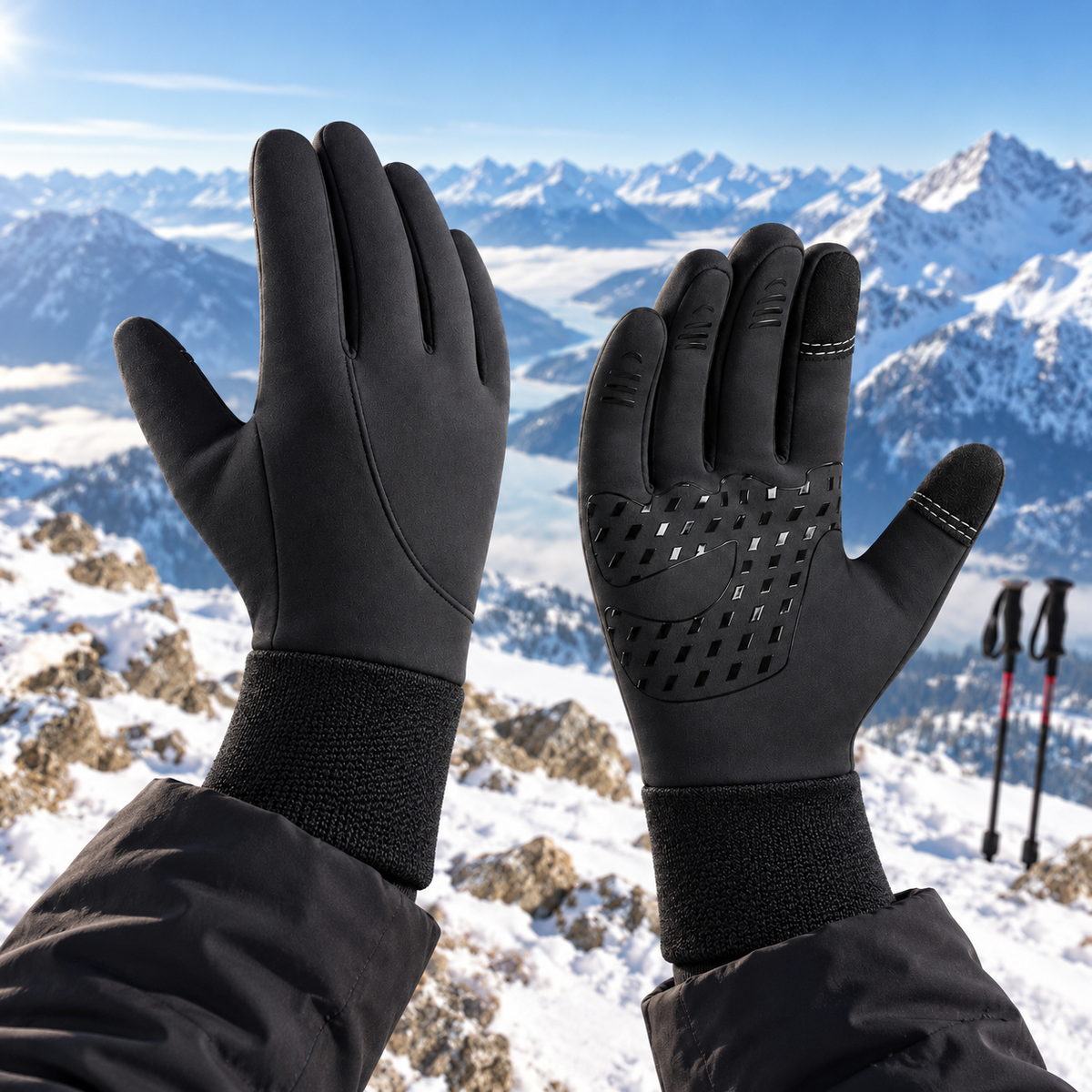 Gants de ski chauds noirs portés face à un panorama alpin