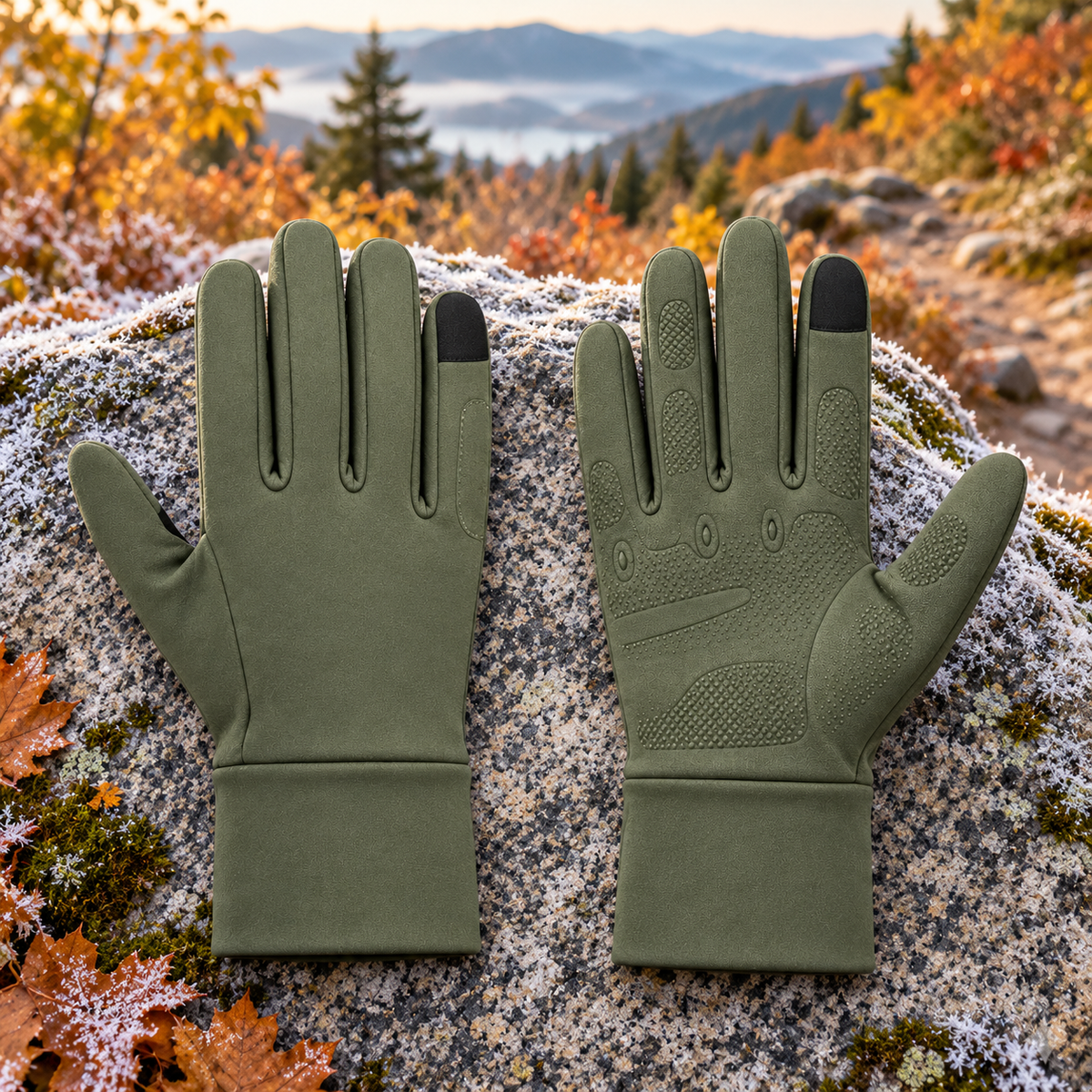 Gants verts sur un rocher en randonnée d'automne