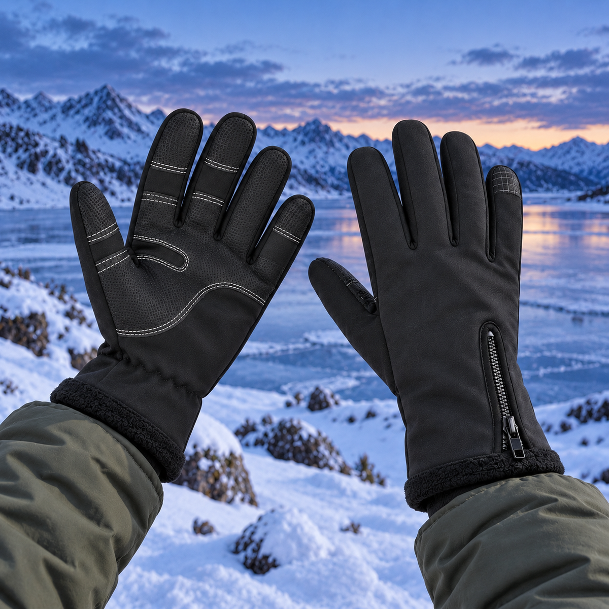 Gants chauffants noirs portés près d'un lac alpin gelé