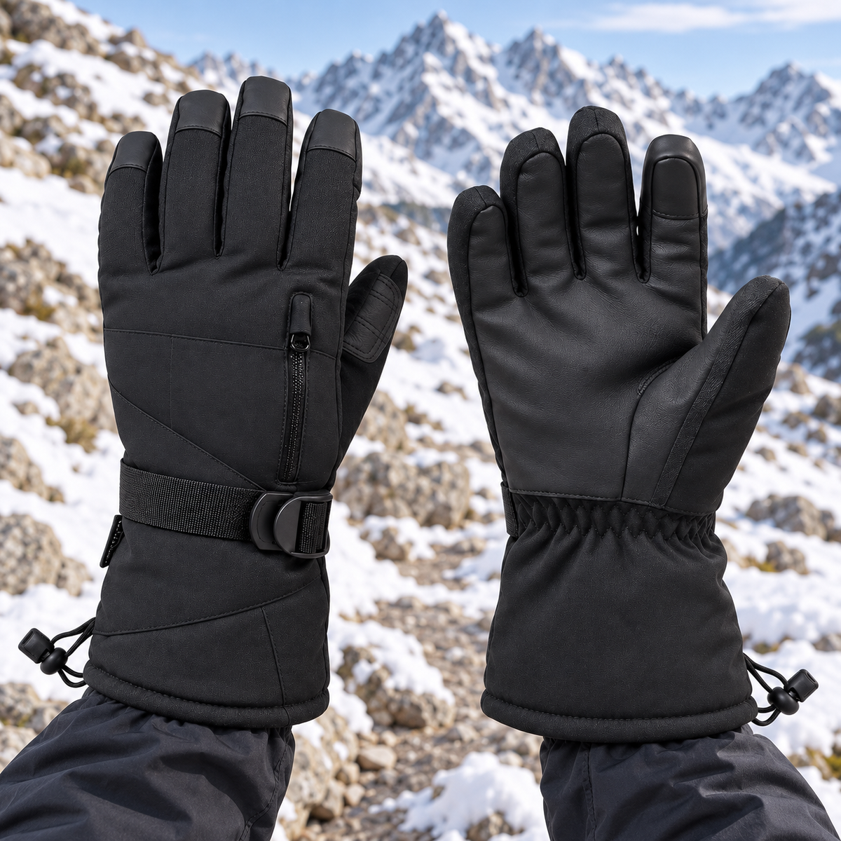 Gants randonnée Softshell noirs portés sur un sentier alpin enneigé