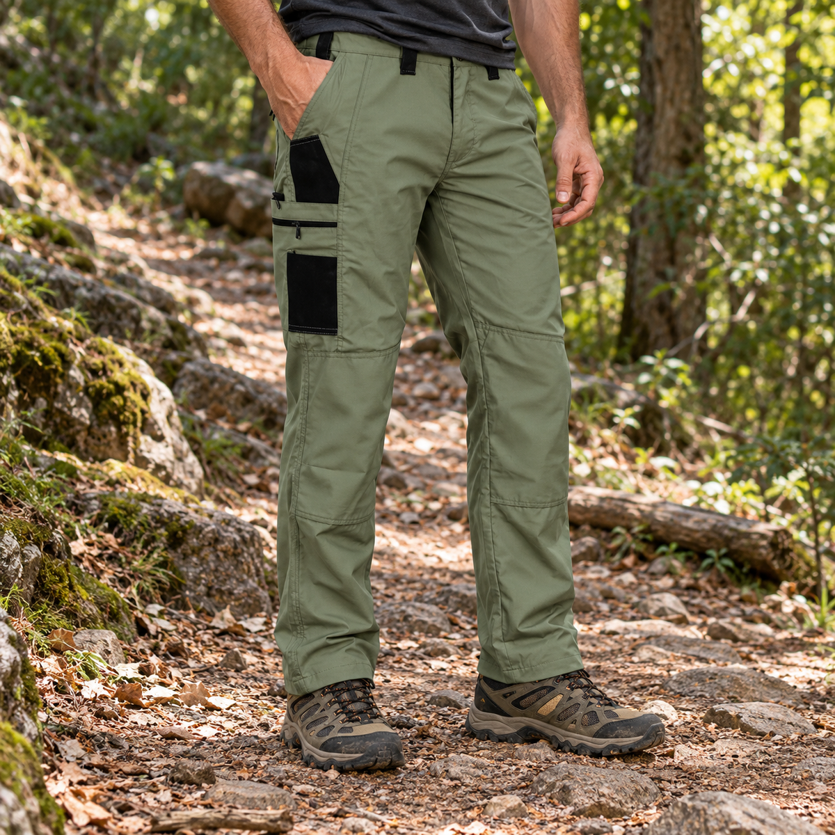 Pantalon randonnée multi poches kaki porté en forêt