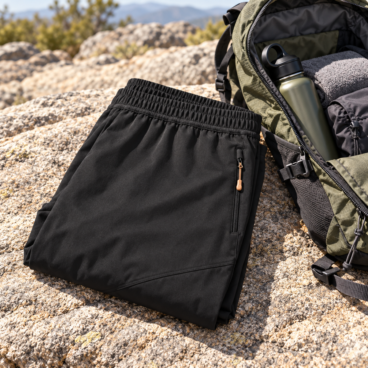 Pantalon randonnée pays chaud homme noir plié près du sac
