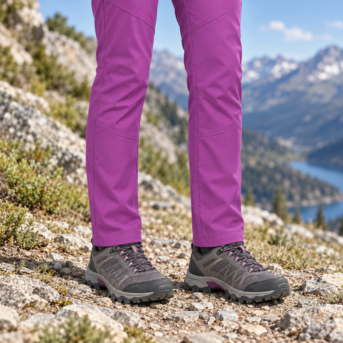 Bas de jambes du pantalon randonnée slim femme au-dessus des chaussures