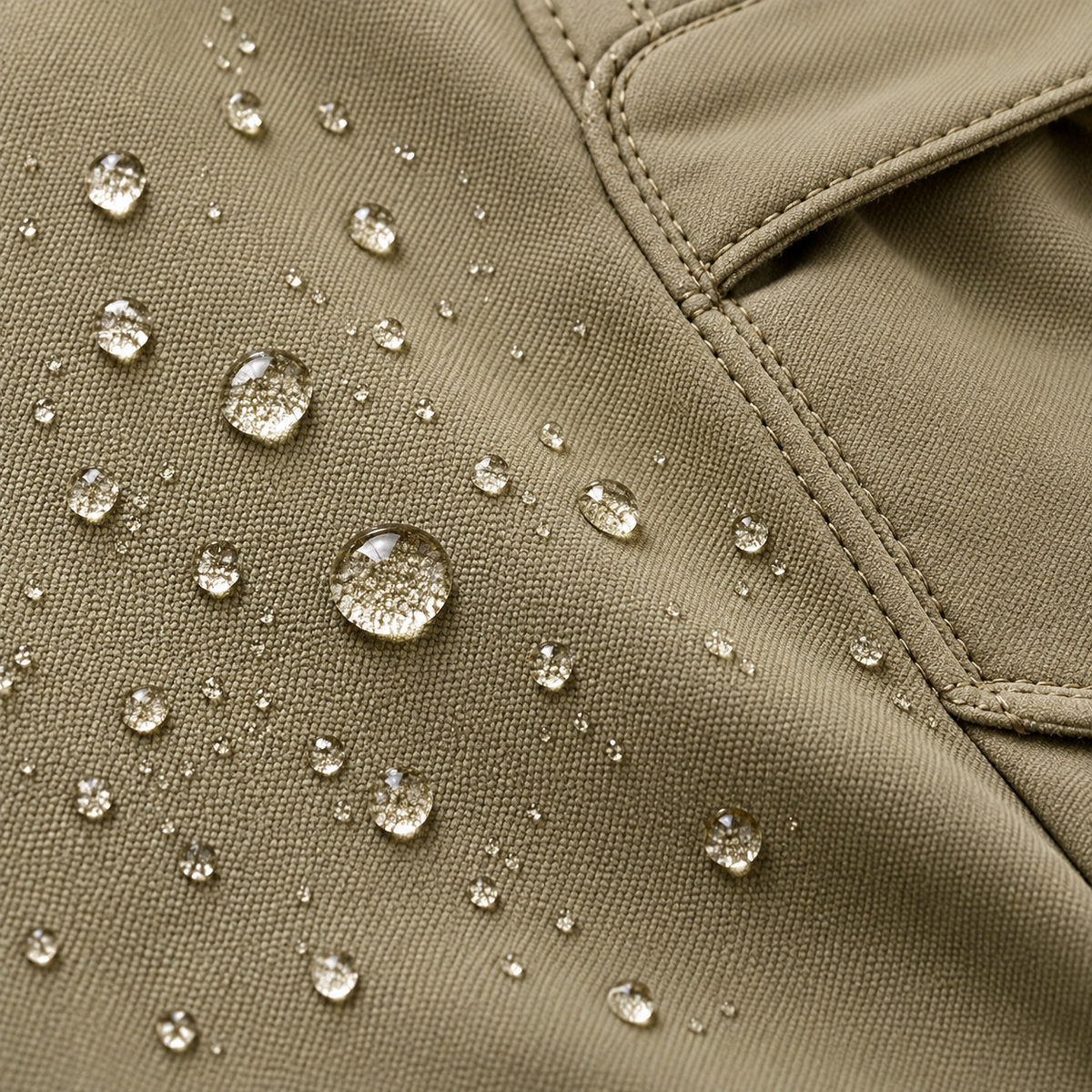 Gouttes d'eau sur le tissu du pantalon randonnée softshell homme olive