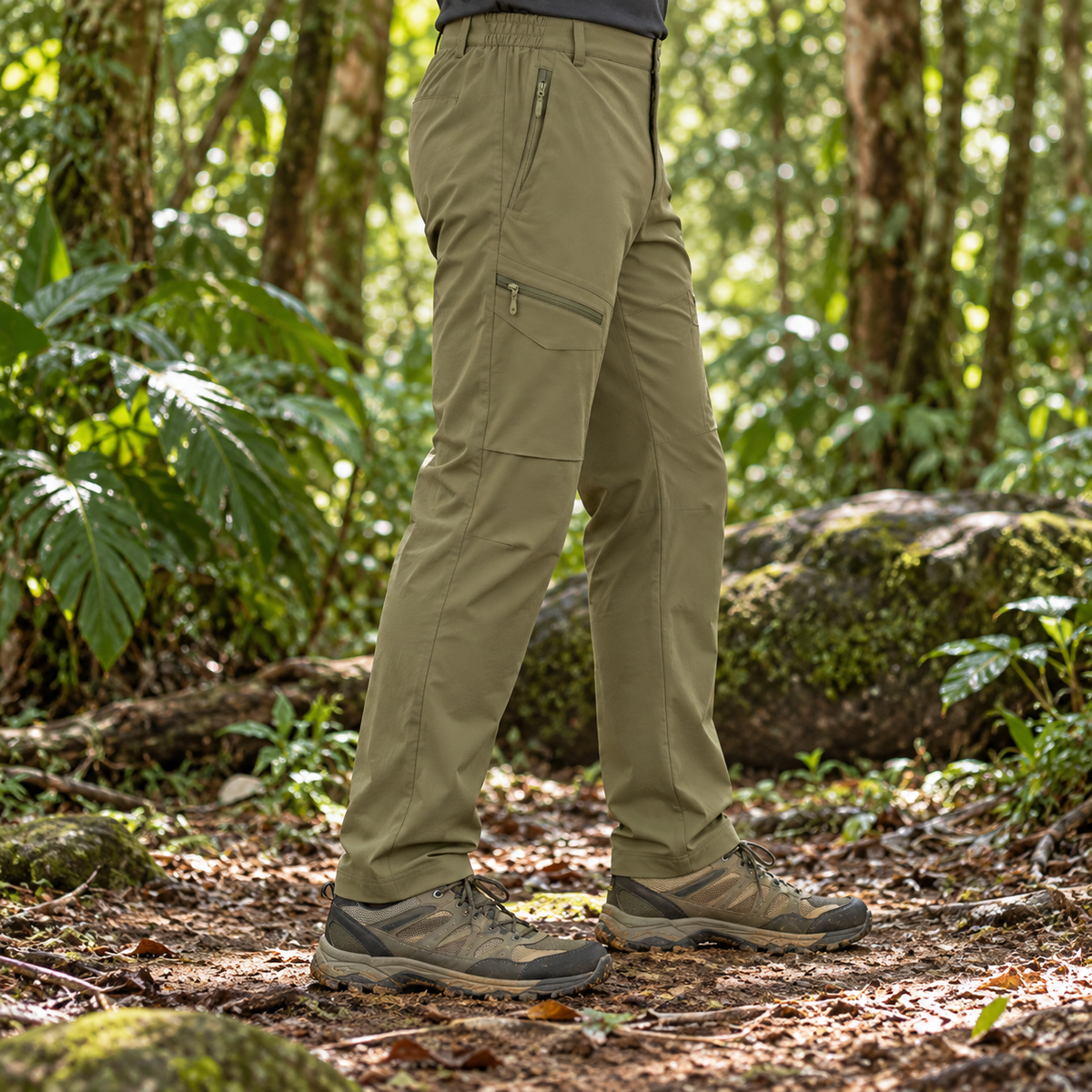 Pantalon randonnée tropicale olive porté de profil en forêt