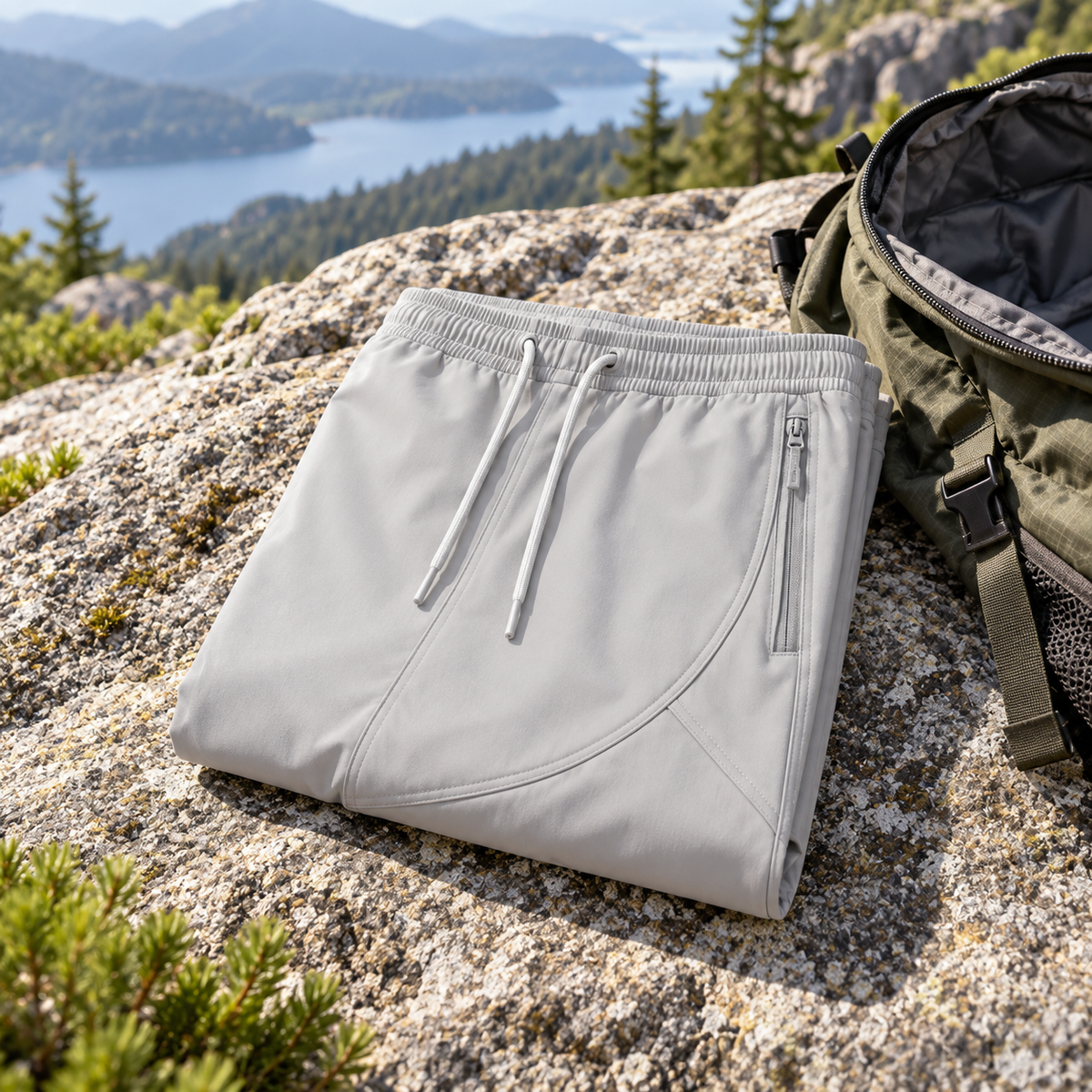 Pantalon toile fine homme randonnée gris clair plié près du sac
