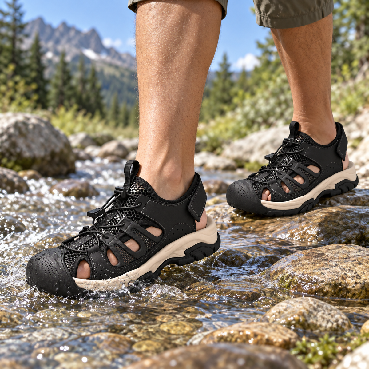 Paire complète de sandales légères de randonnée noires portée avec deux pieds visibles dans une rivière peu profonde