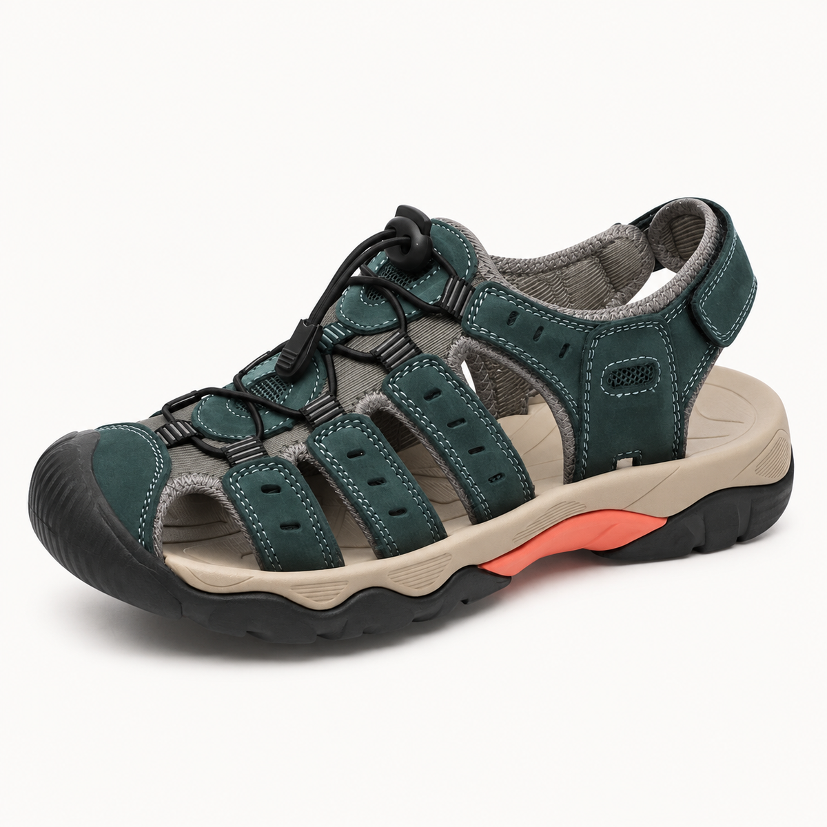 Sandales intérieur cuir randonnée vert foncé et beige – vue trois-quarts