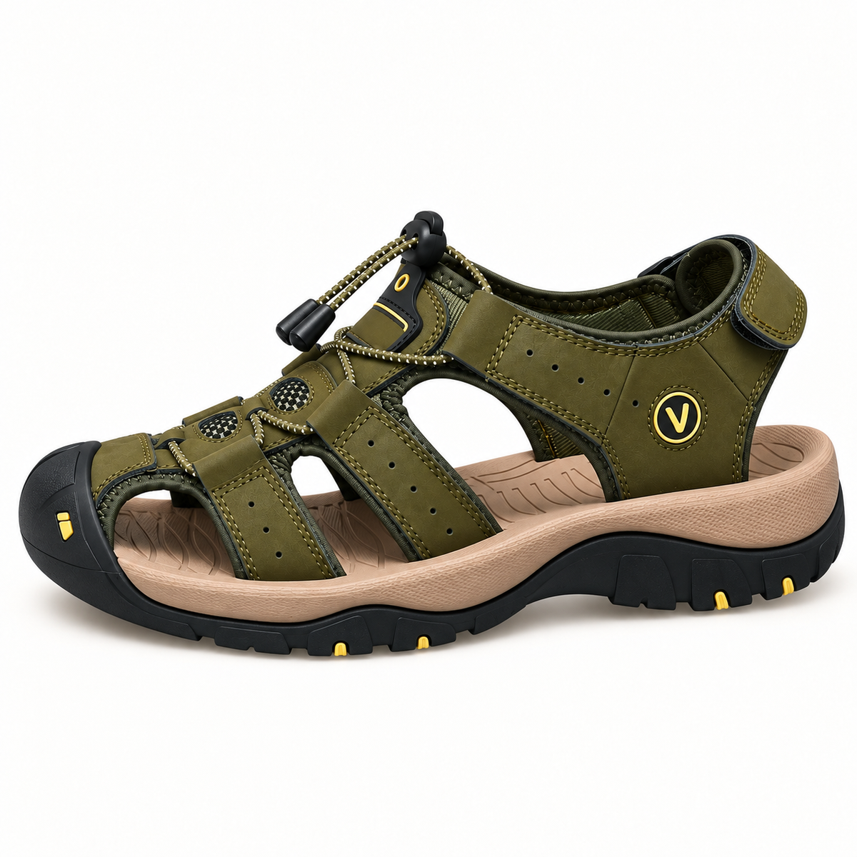 Sandale randonnée homme kaki vue de profil montrant protection et semelle attachée