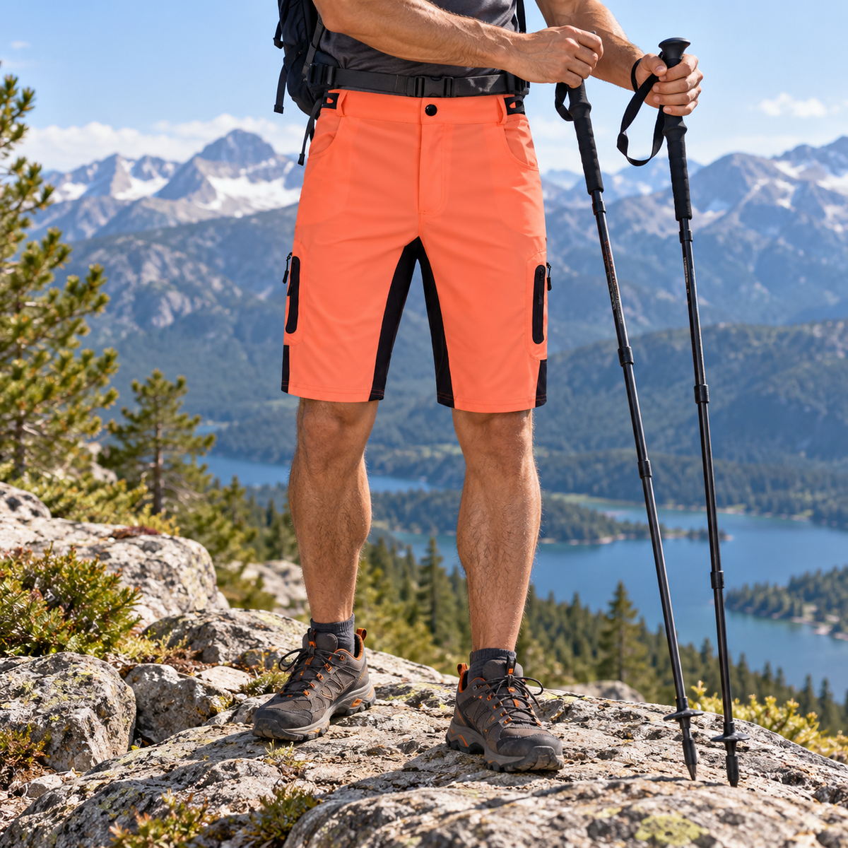 Short de randonnée orange en montagne
