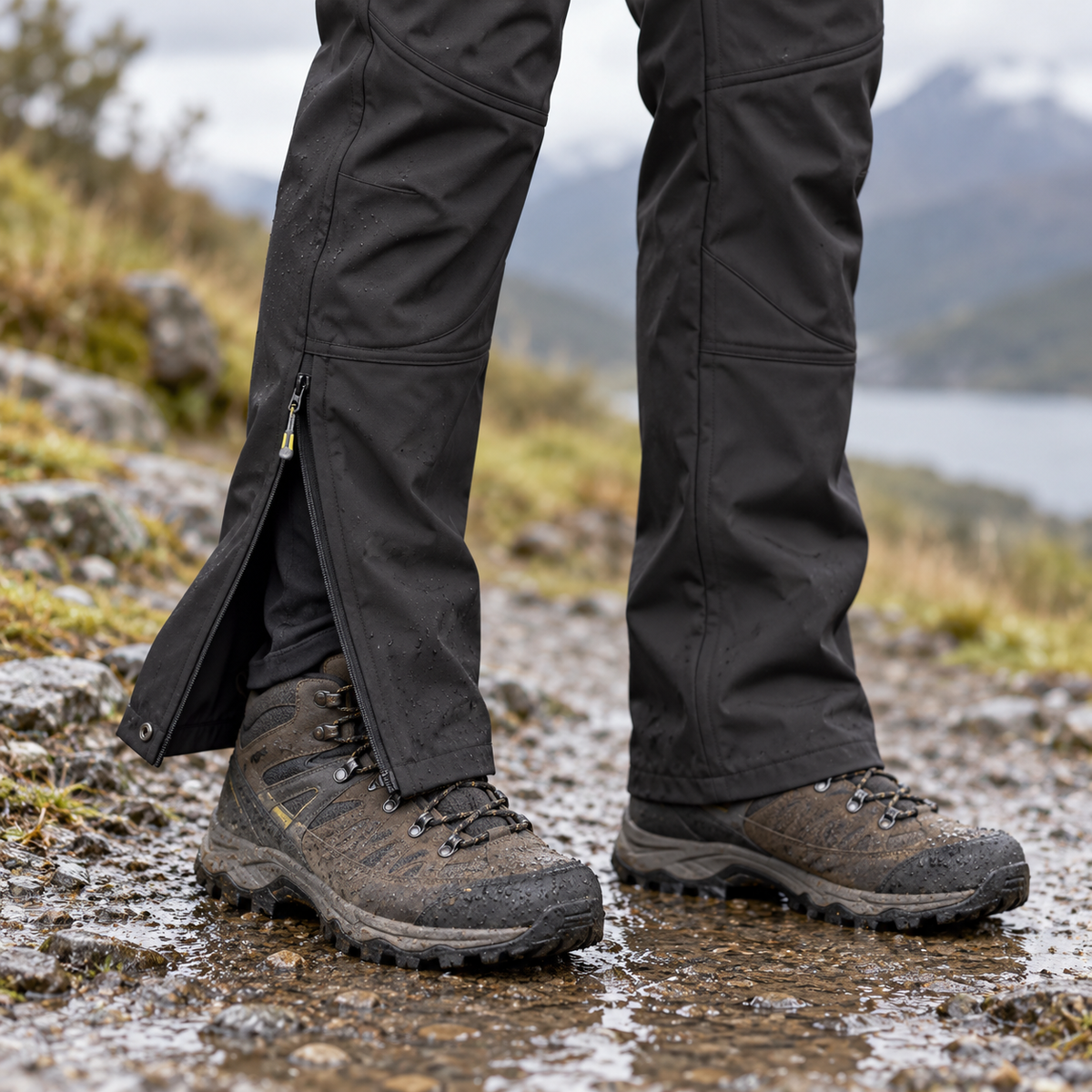 Sur pantalon imperméable randonnée noir — ouverture latérale du bas de jambe