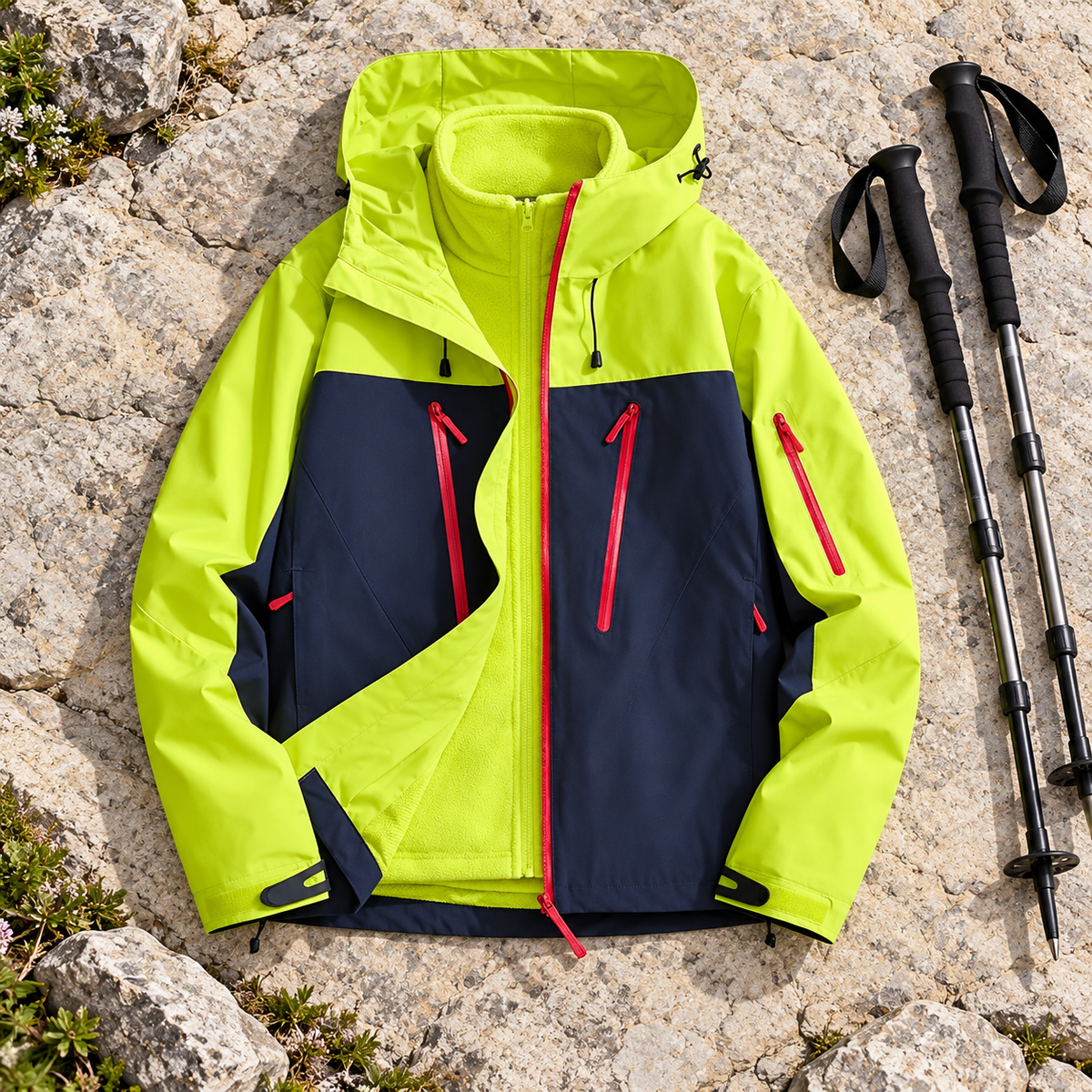 Veste 2 en 1 femme randonnée jaune avec bâtons