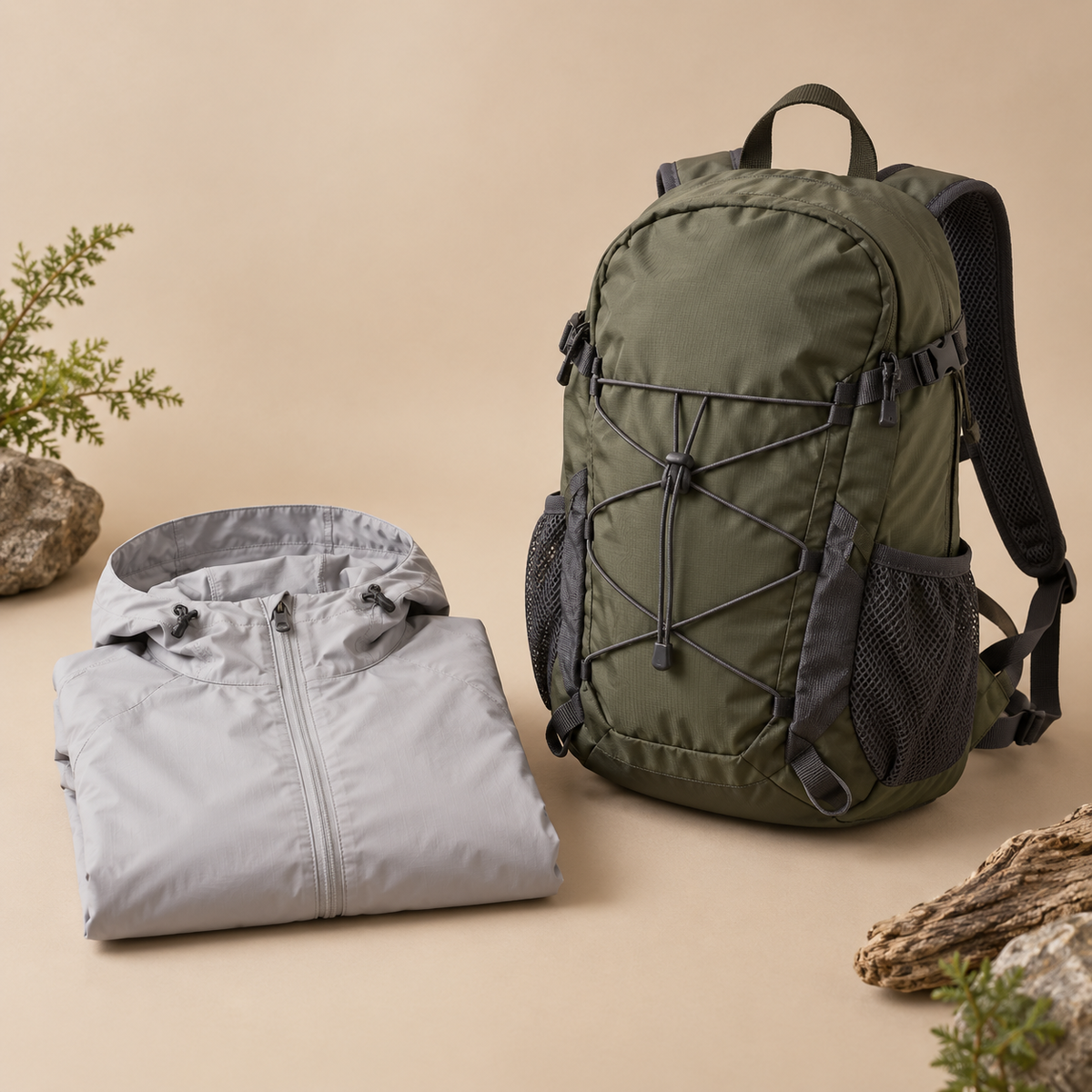 Veste légère randonnée homme grise compacte près du sac