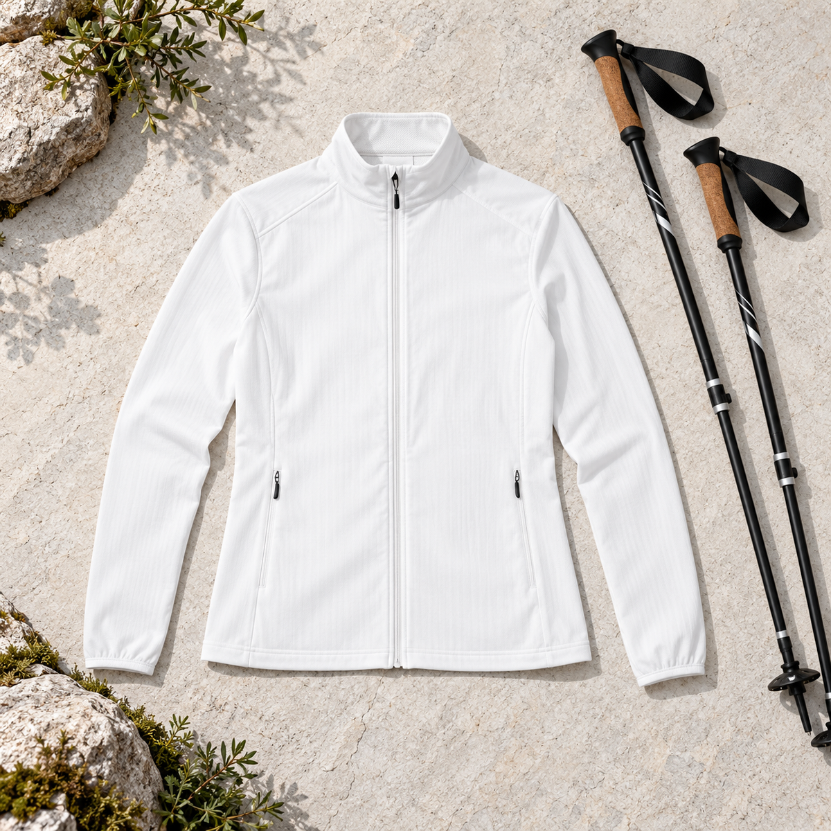 Veste marche nordique blanche avec bâtons – équipement de randonnée