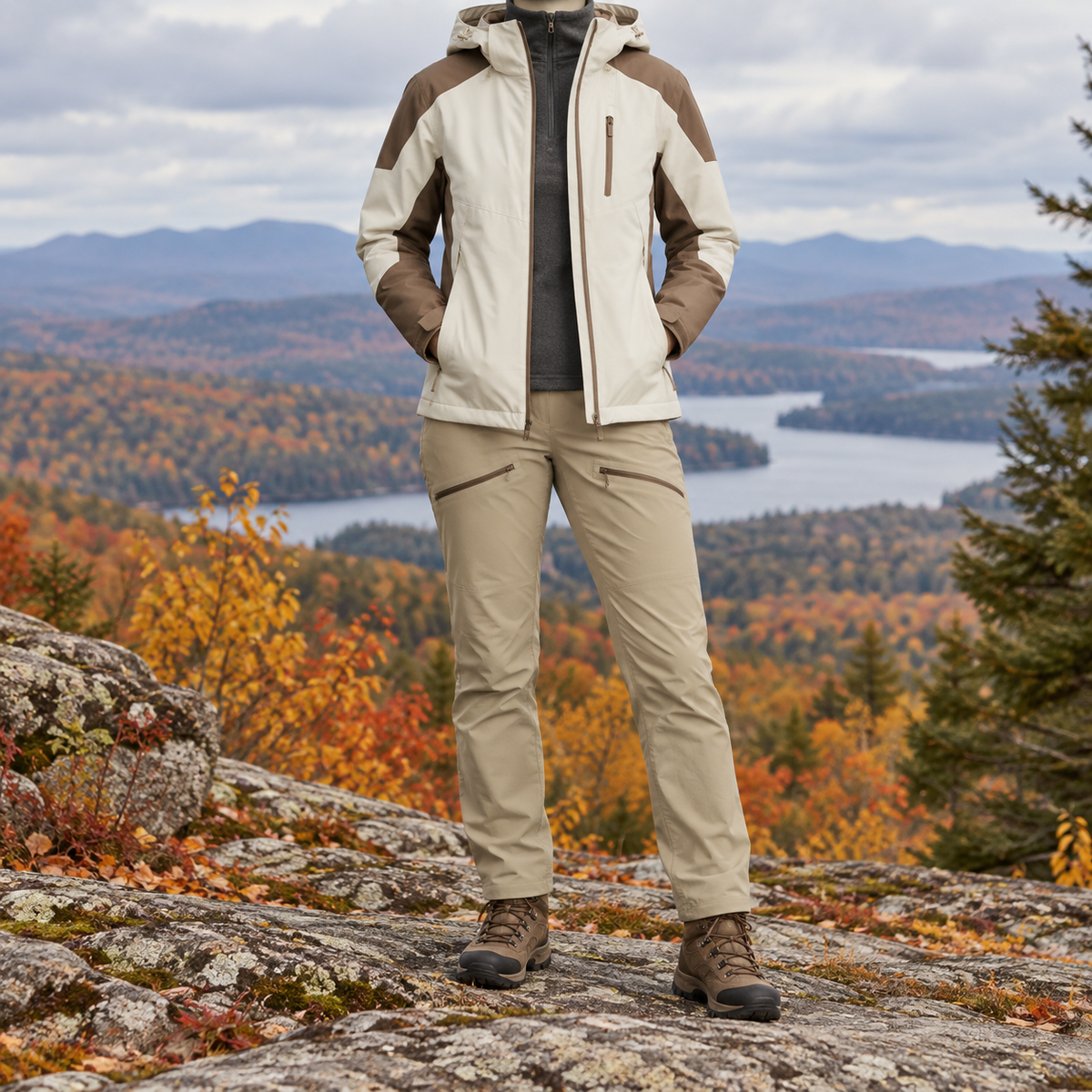 Veste randonnée automne beige portée sur une polaire fine
