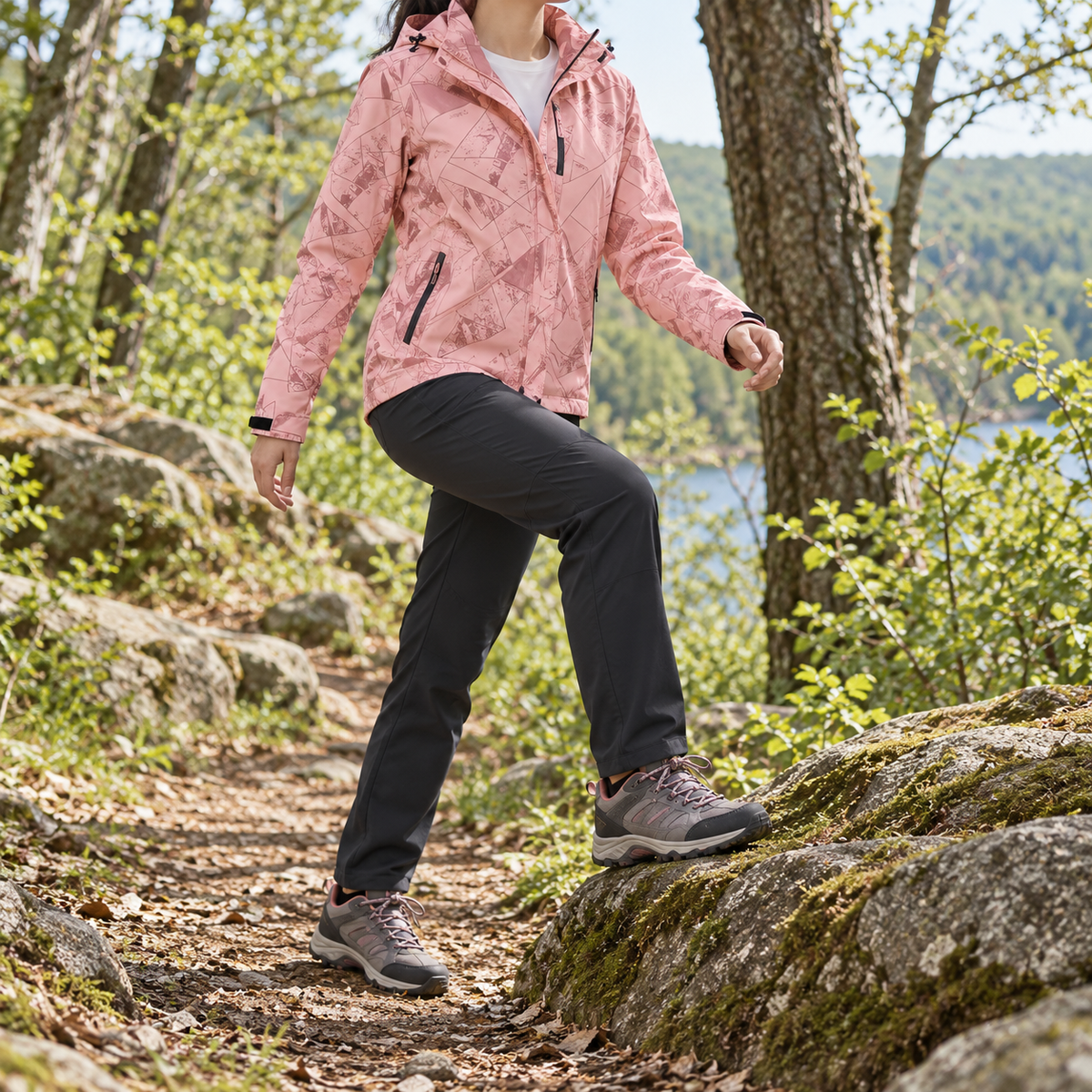 Veste randonnée femme printemps Rose 1 portée en mouvement