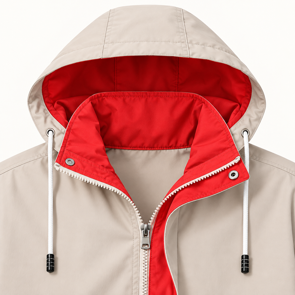 Veste randonnée imperméable grande taille beige – détail de la capuche et du col