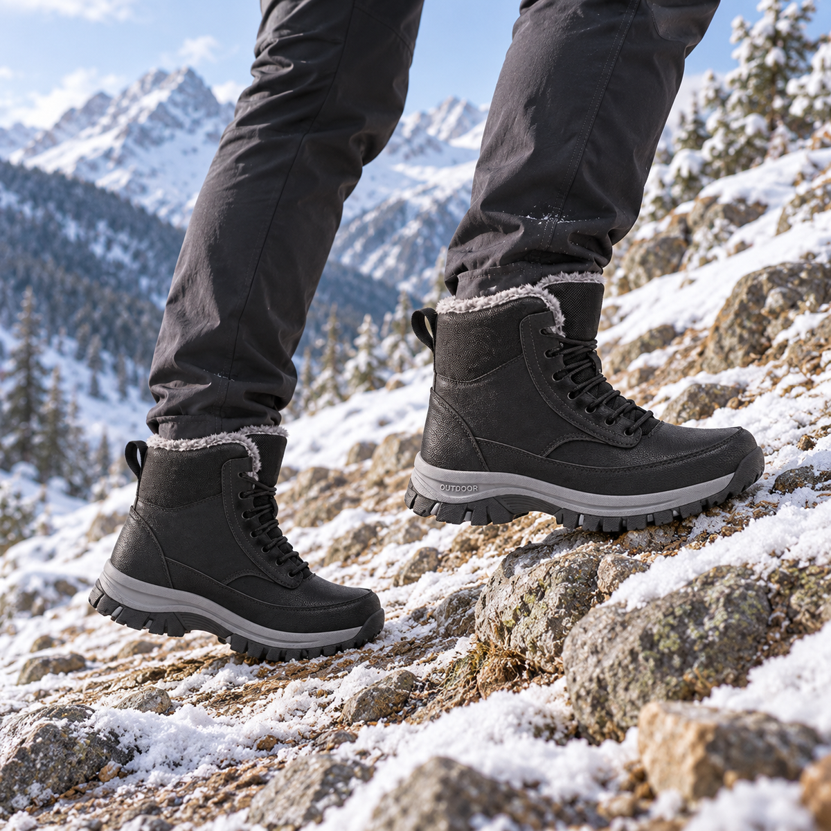 Bottes de randonnée noires fourrées en montée sur sentier d'hiver