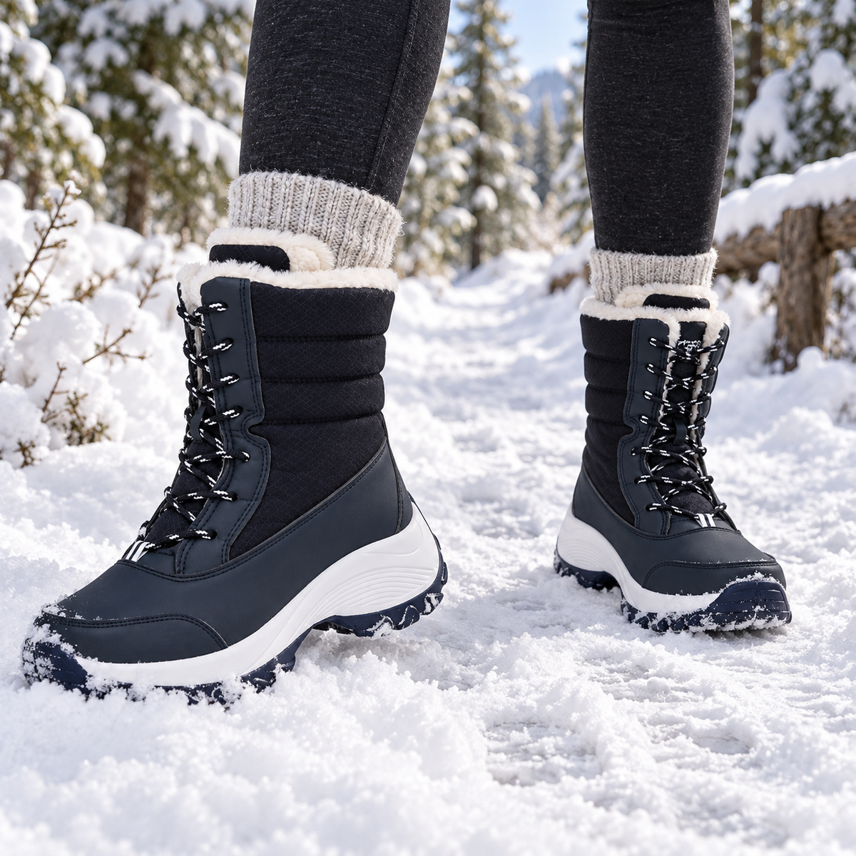 Bottes randonnée neige femme bleu marine et blanc portées dans la neige fraîche