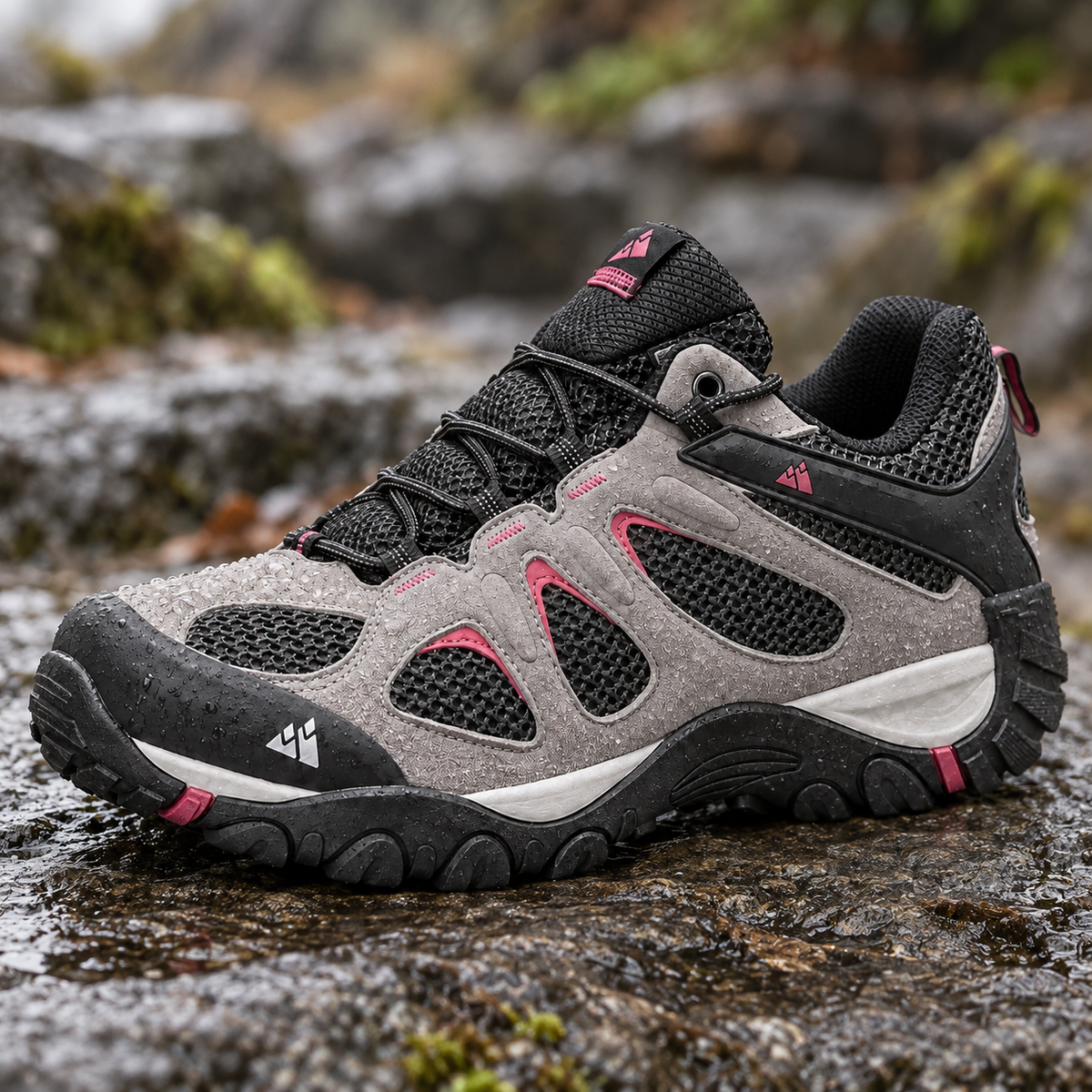 Chaussure randonnée basse imperméable femme grise avec perles d eau sur la tige