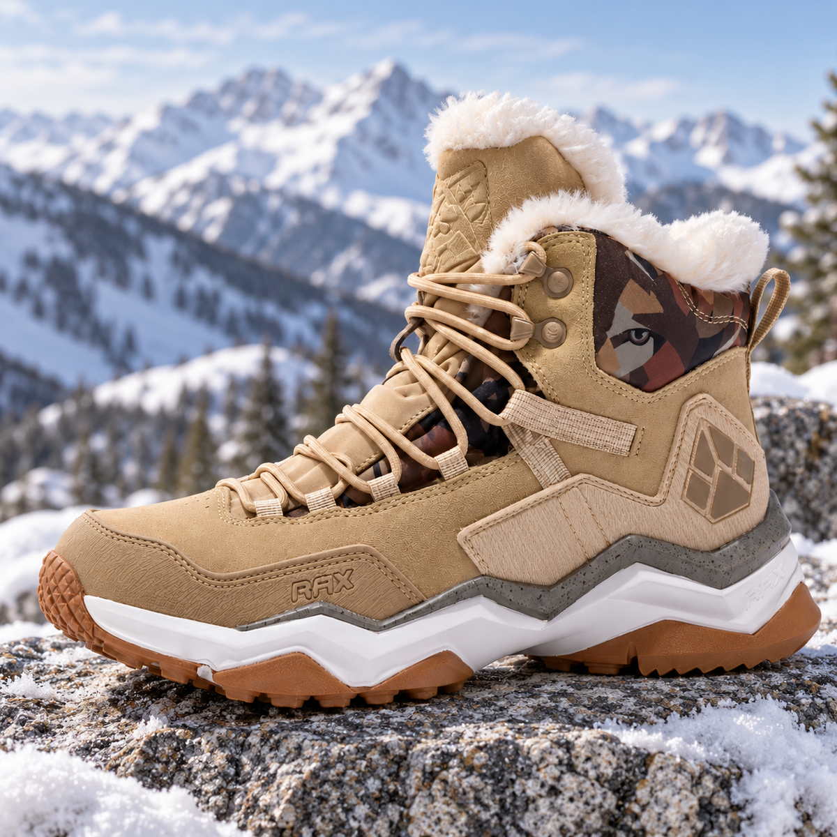 Chaussure randonnée chaude homme beige posée sur rocher enneigé