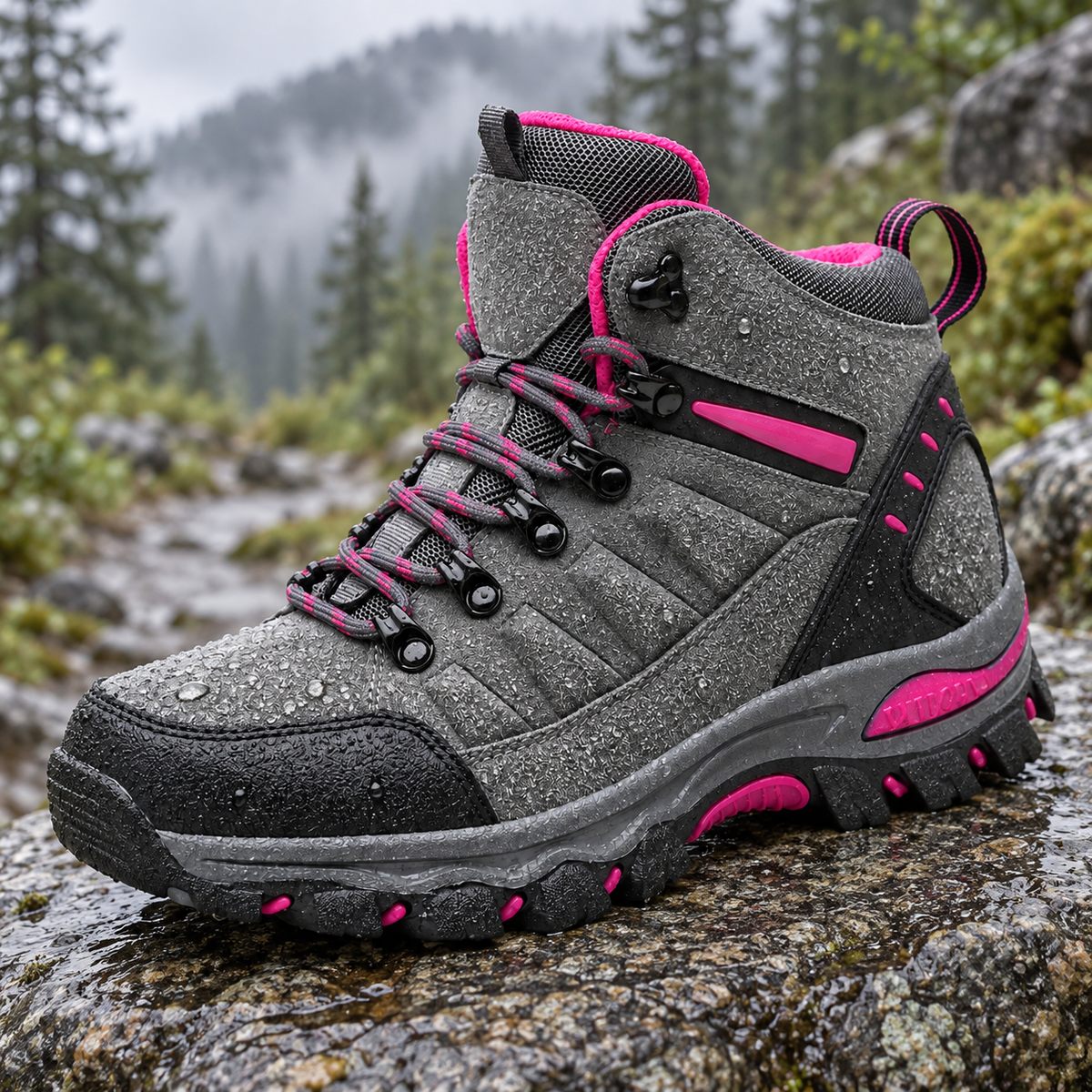 Chaussure randonnée femme imperméable montante grise posée sur rocher humide