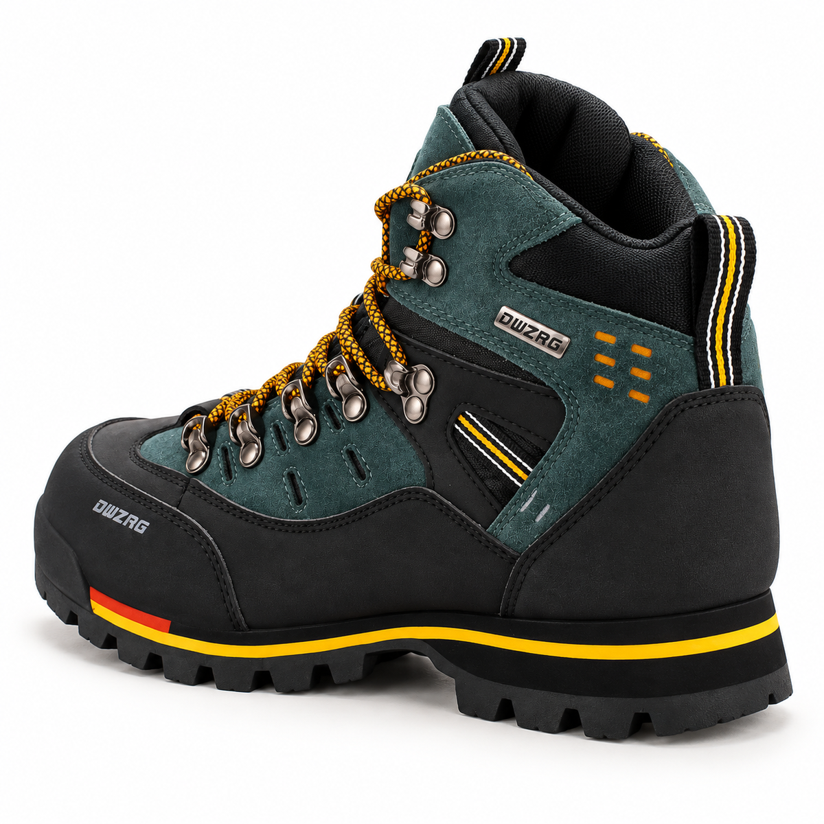 Chaussure randonnée pied large homme verte vue arrière montrant col, ouverture et talon