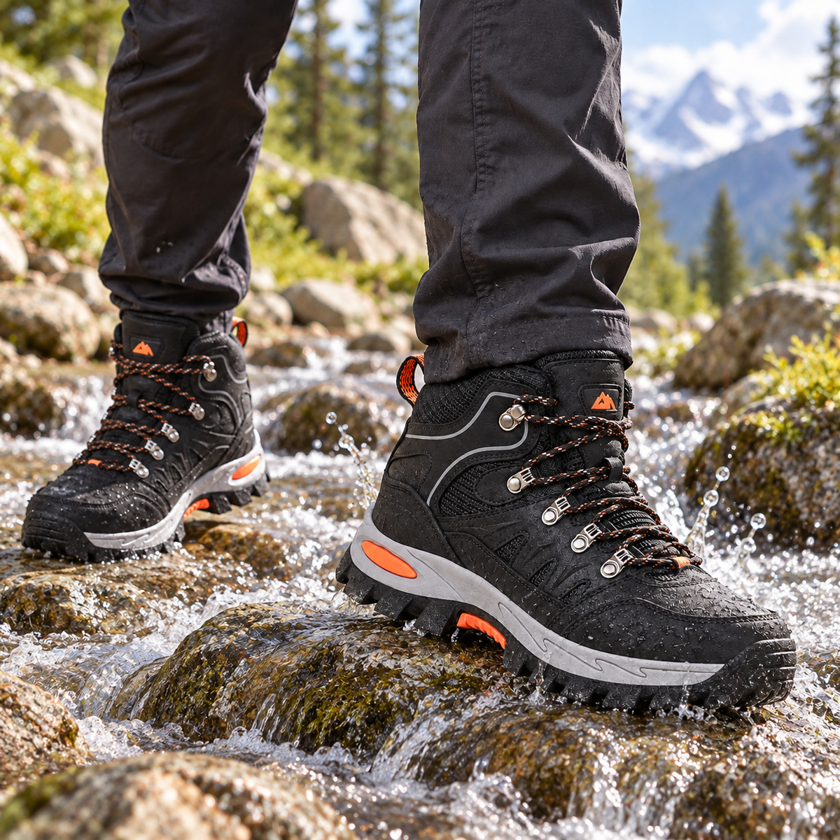 Chaussures mid randonnée légères portées dans un ruisseau