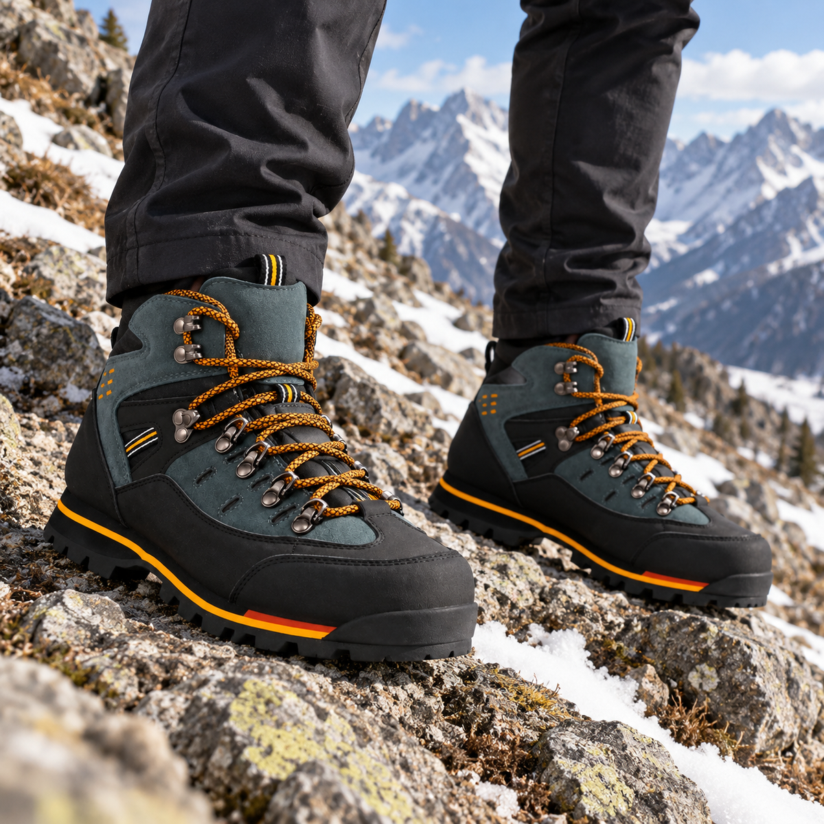 Chaussures randonnée cramponnables noir orange portées sur sentier alpin