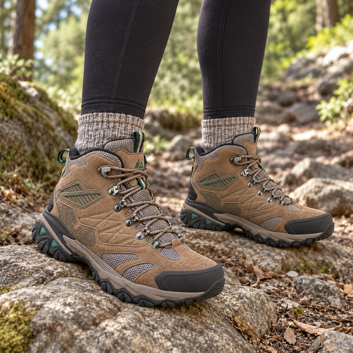 Chaussures randonnée femme cuir marron portées sur sentier rocheux