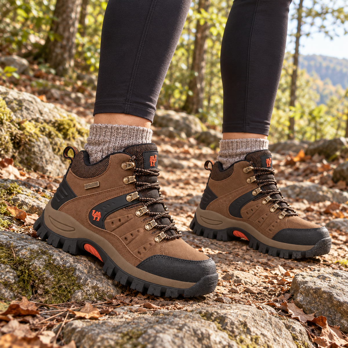 Chaussures randonnée femme marron Peru portées sur sentier forestier