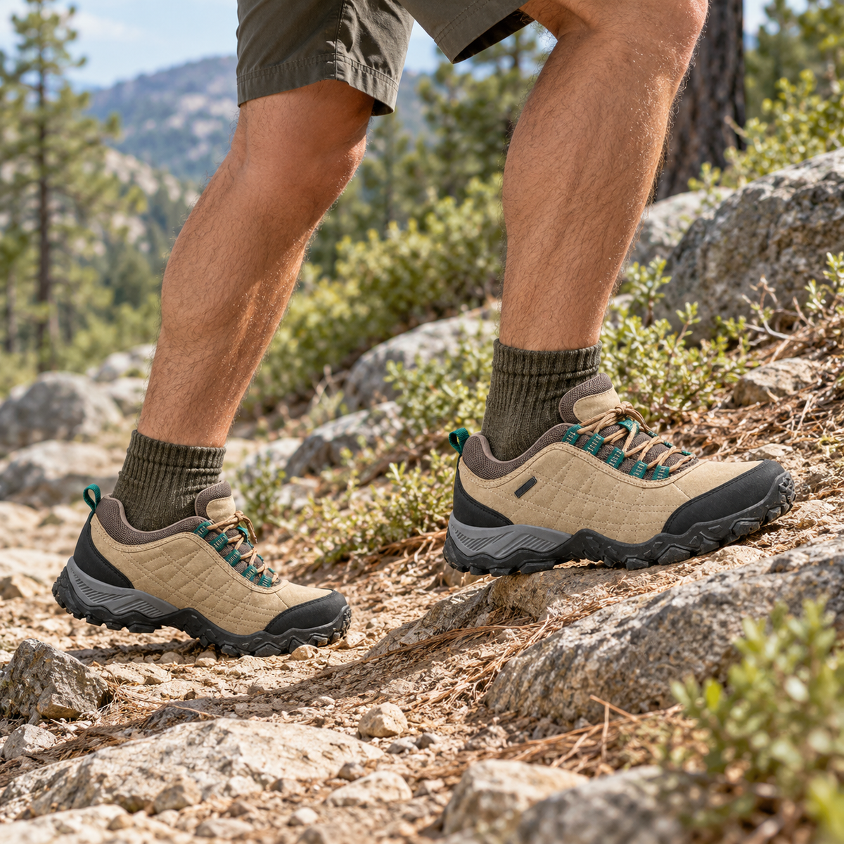 Chaussures randonnée homme basses légères tan portées en montée