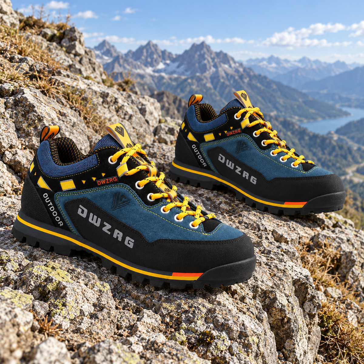 Paire complète de chaussures randonnée rigides Darkblue posée sur une pente rocheuse