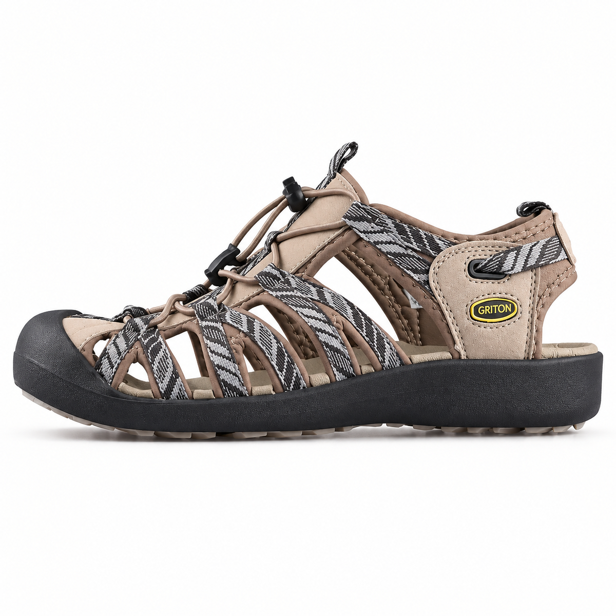 Sandales femme plates de randonnée beiges – profil sur fond blanc chaud