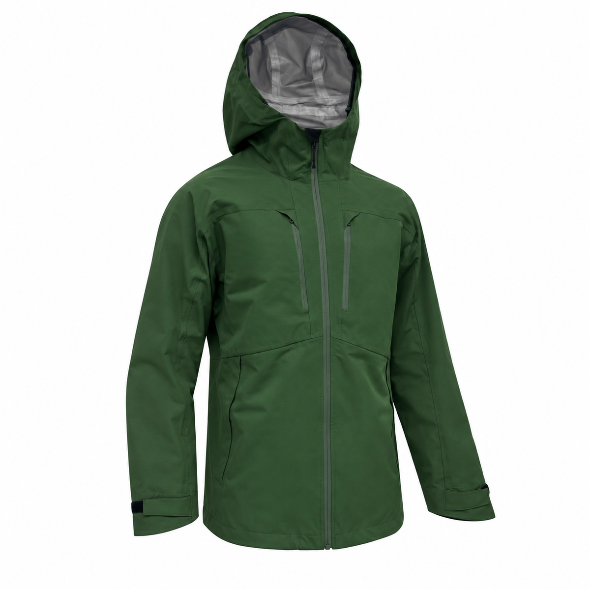 Veste capuche randonnée vert forêt sur fond blanc