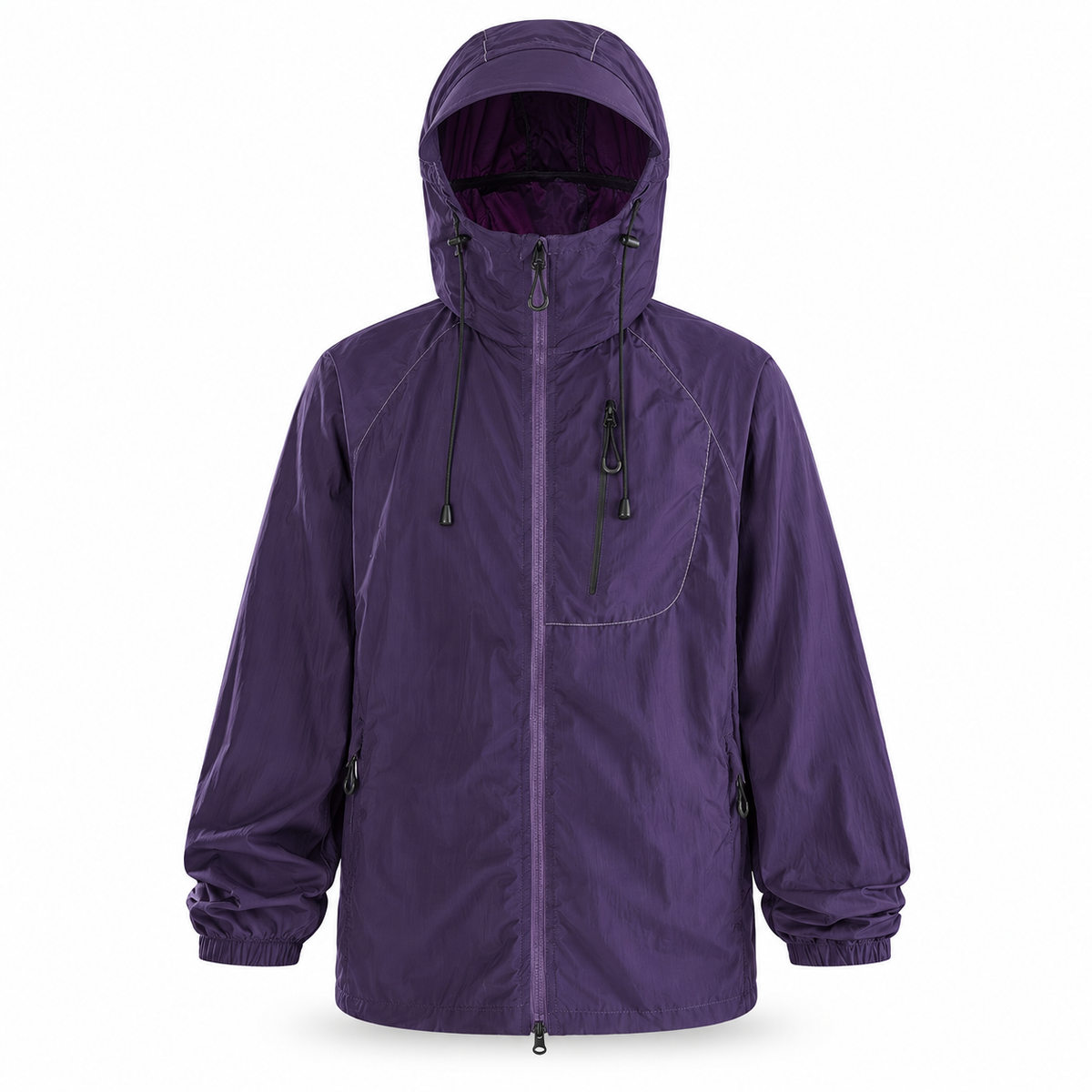Veste de randonnée imperméable Dark Violet avec capuche sur fond blanc