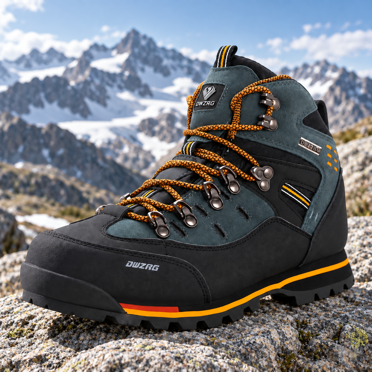 Chaussure randonnée cramponnable noir orange posée sur rocher alpin