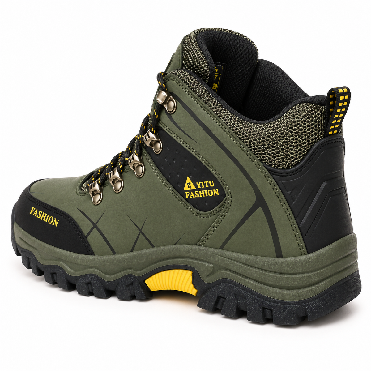 Chaussure randonnée hiver imperméable verte montrant col rembourré, doublure et tirette arrière