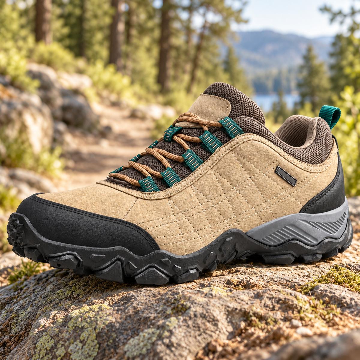 Chaussure randonnée homme basse légère tan posée sur rocher