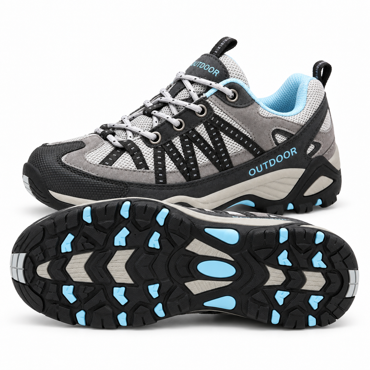 Chaussure randonnée mailles grise couchée sur le côté montrant toute la semelle attachée