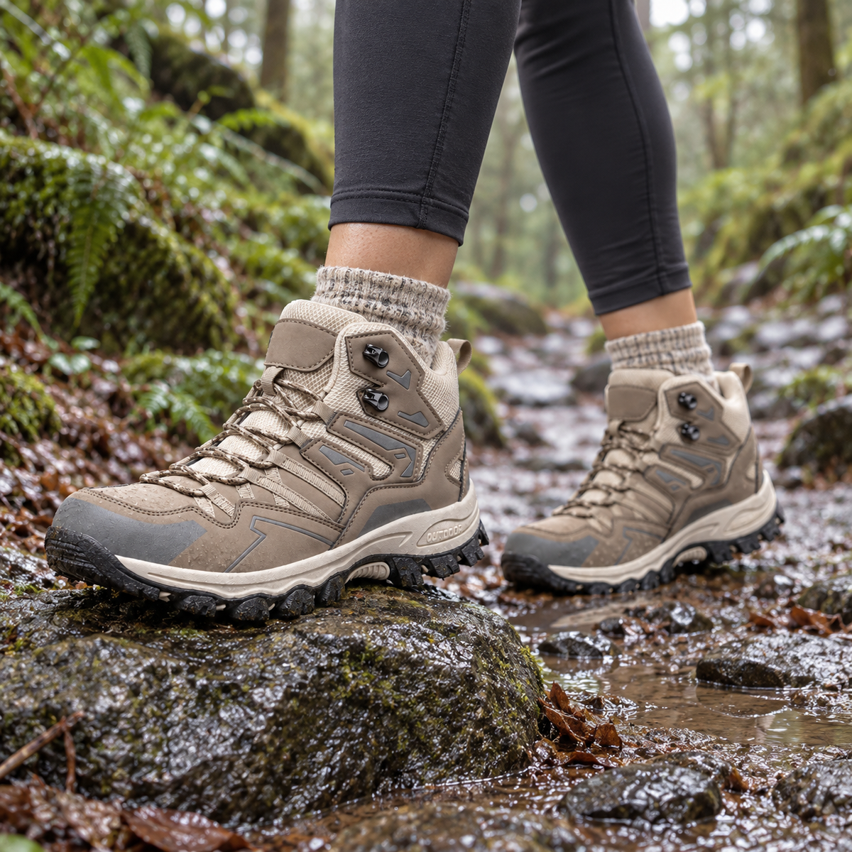 Chaussures randonnée femme beige marron portées sur un sentier forestier humide