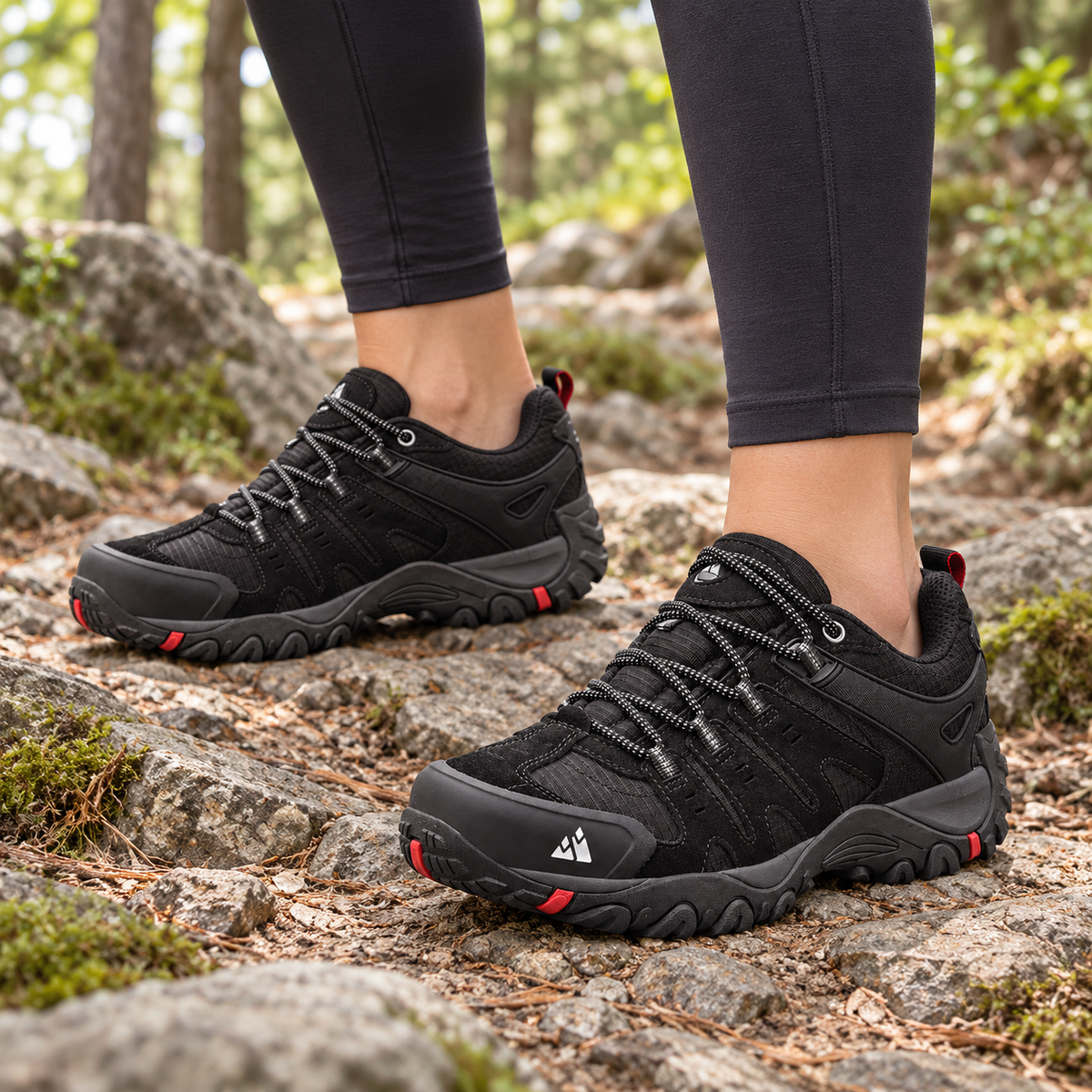 Chaussures randonnée femme noires portées sur sentier rocheux