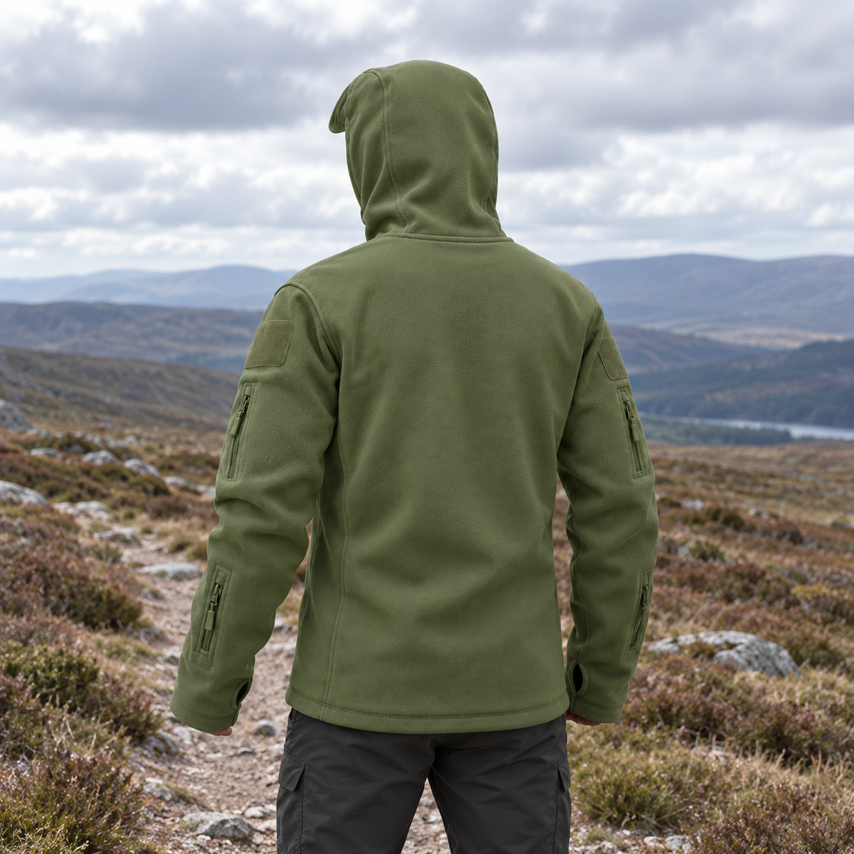 Polaire coupe-vent vert olive portée sur une lande venteuse