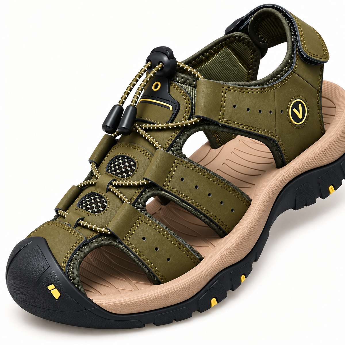 Sandale randonnée homme kaki montrant brides et système de serrage