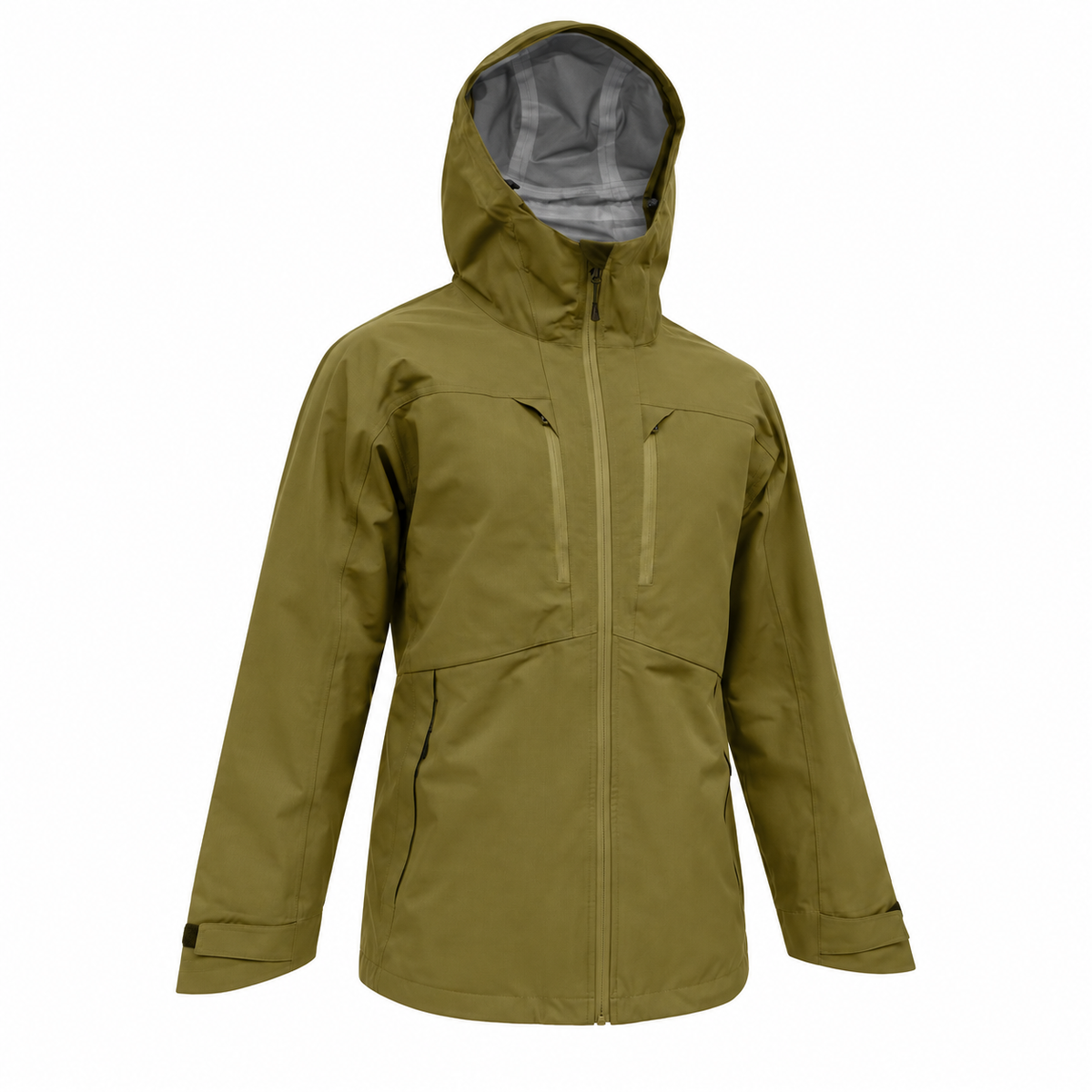 Veste capuche randonnée kaki foncé sur fond blanc