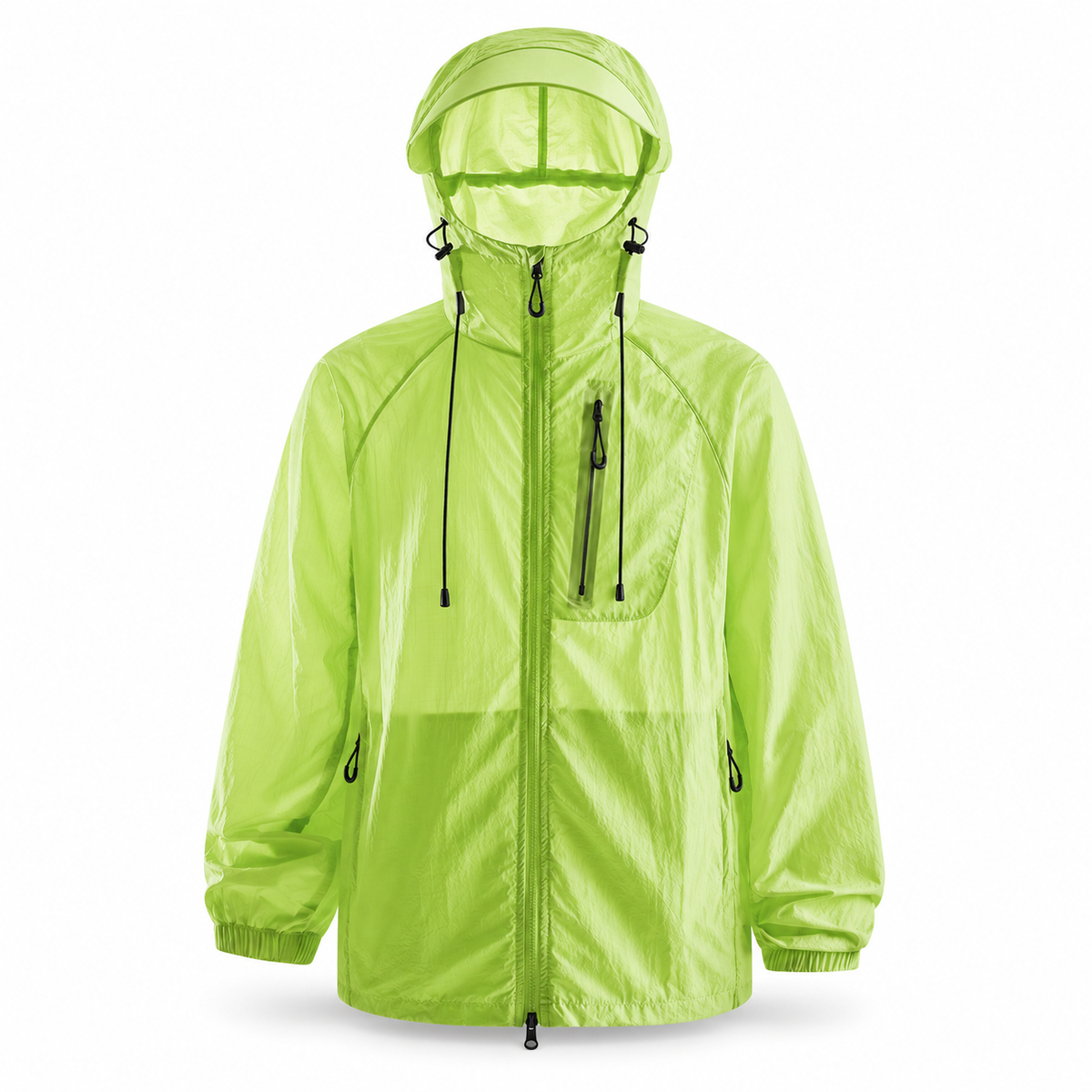 Veste de randonnée imperméable Greenyellow avec capuche sur fond blanc
