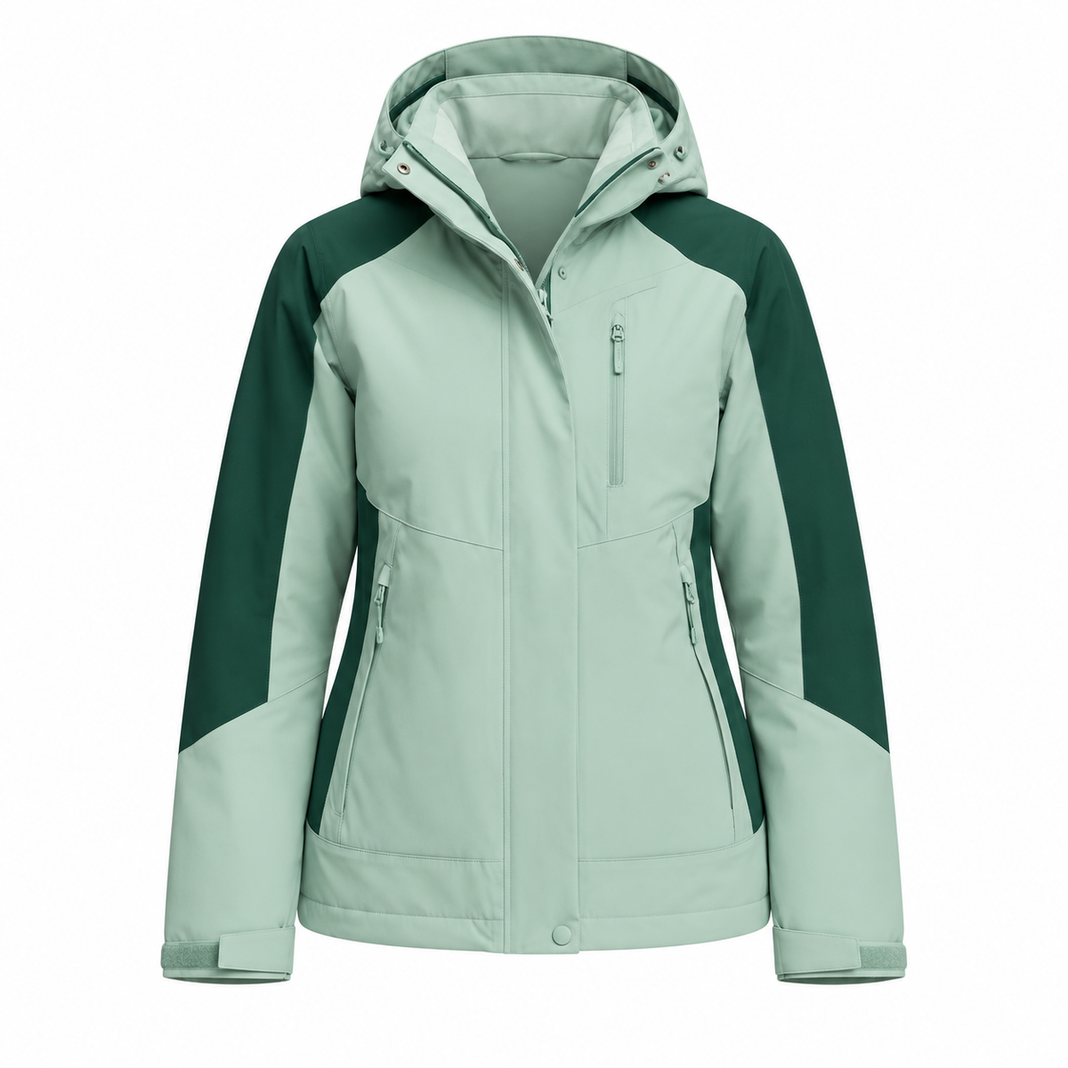 Veste randonnée raquette femme verte vue de face sur fond blanc